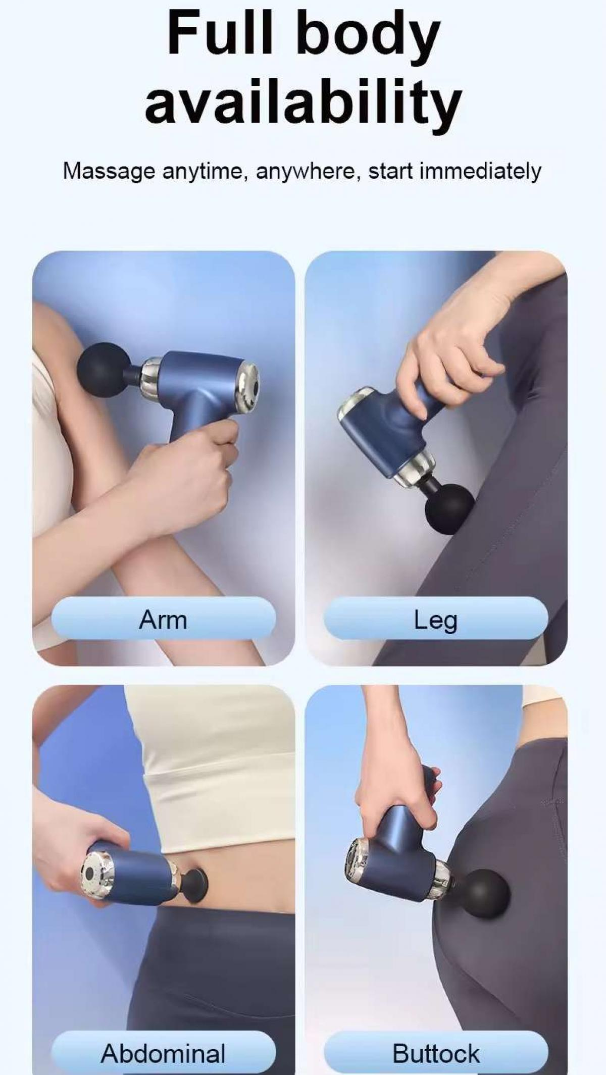 Das Bild zeigt eine Massagepistole, die an verschiedenen Körperteilen verwendet wird: Arm, Bein, Bauchbereich und Gesäß, was die Ganzkörperverfügbarkeit demonstriert.