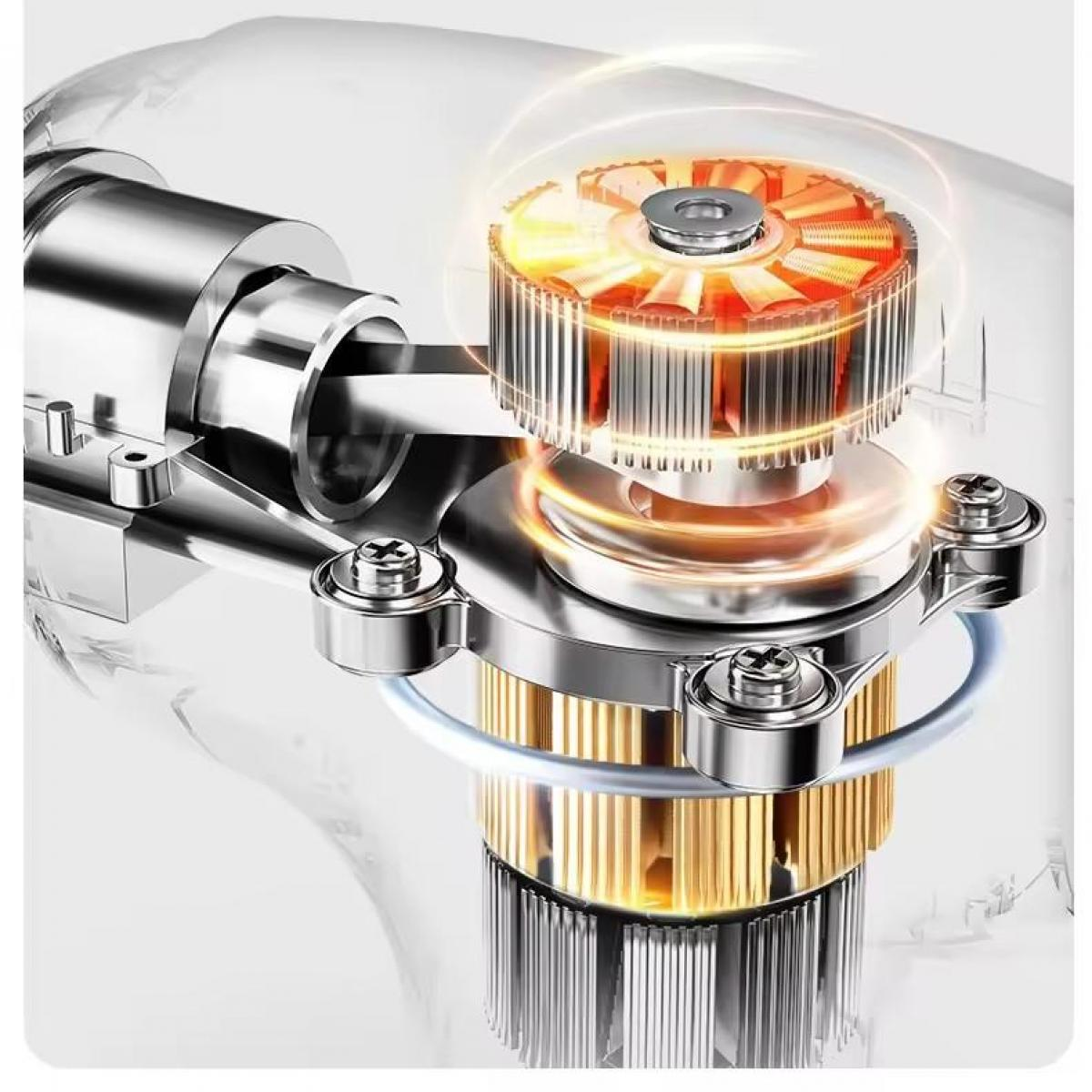 Nahaufnahme einer glänzenden metallischen Motorkomponente. Das leuchtende orangefarbene Innere eines fächerartigen Mechanismus ist sichtbar.