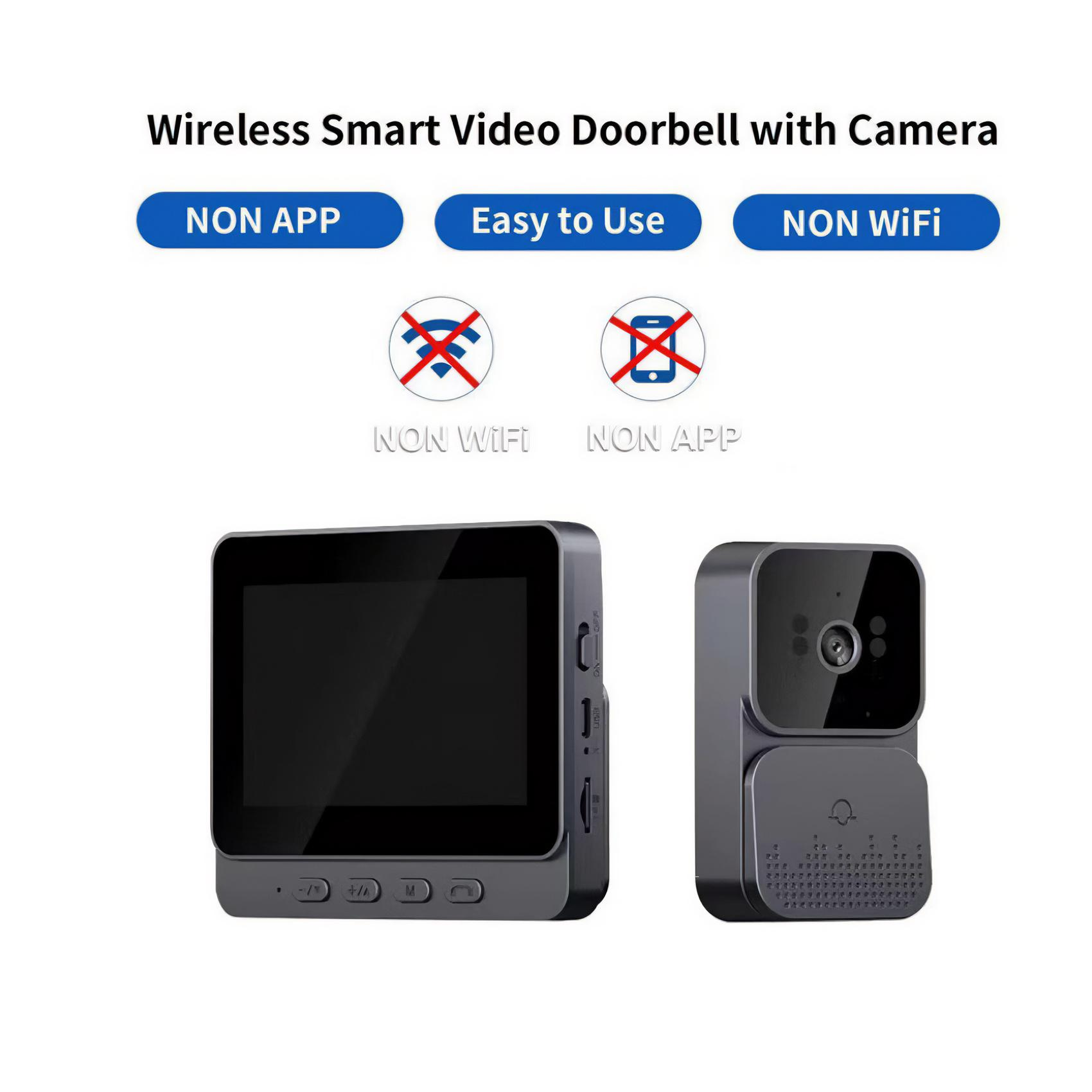 Das Bild zeigt eine kabellose Smart-Video-Türklingel mit zwei Komponenten. Das Design ist elegant und schwarz, mit Touch-Tasten.