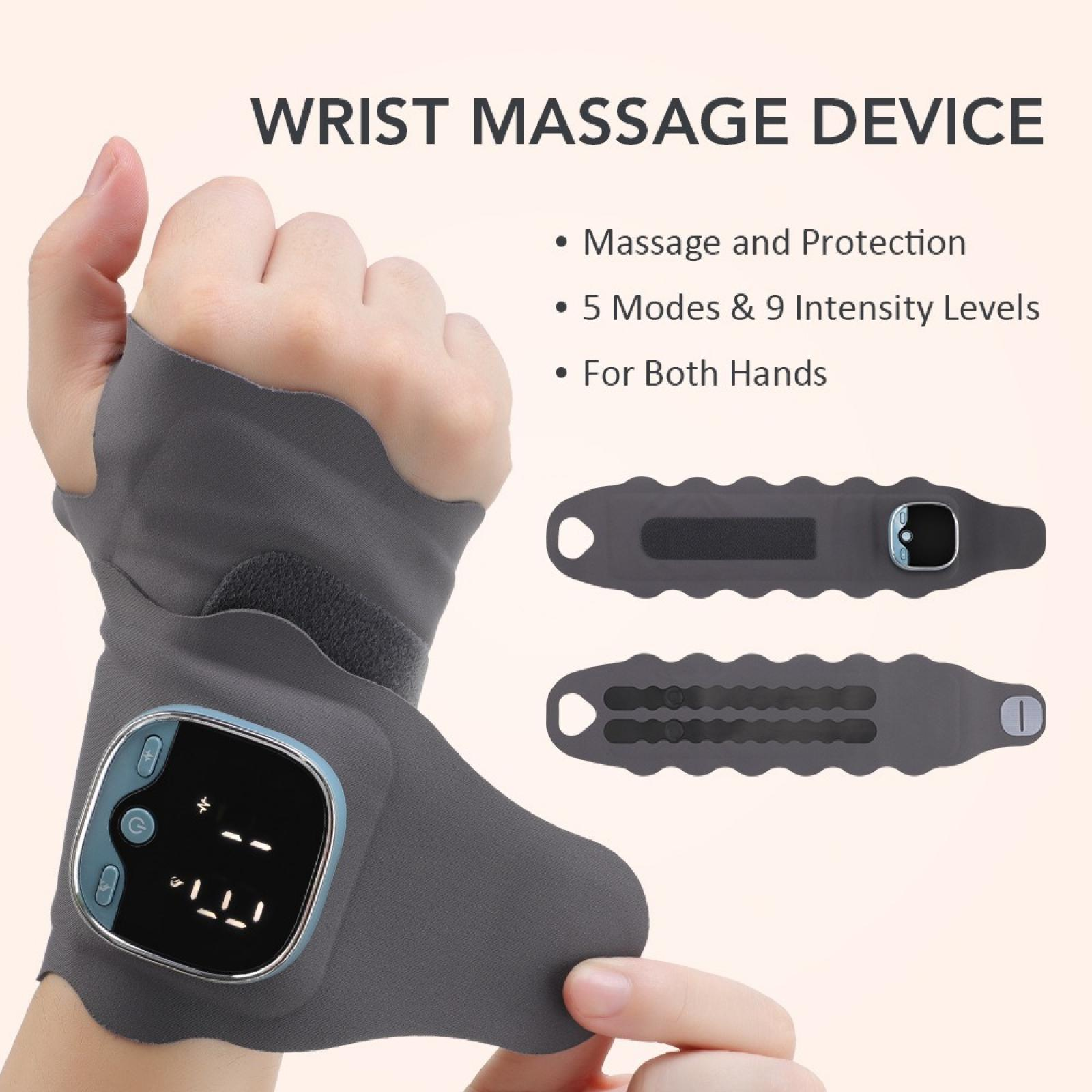Auf einer Hand ist ein Handgelenkmassagegerät abgebildet. Es hat eine Digitalanzeige. Zusätzliche Geräte sind oben abgebildet.