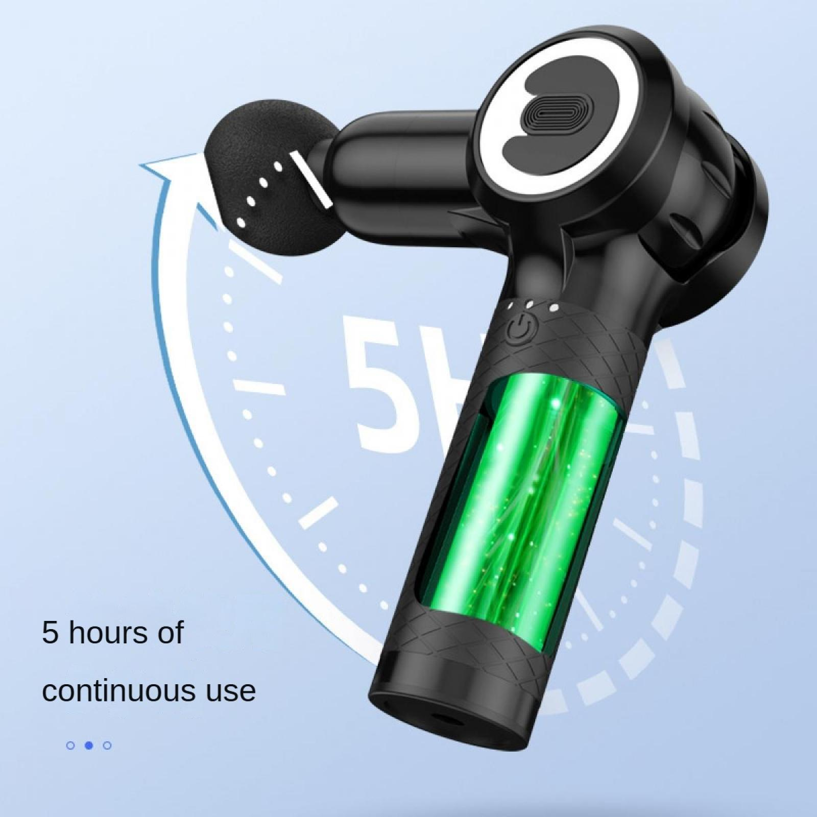 Schwarze Massagepistole mit grüner Batterienanzeige, 5 Stunden Dauerbetrieb und einer Pfeilgrafik.