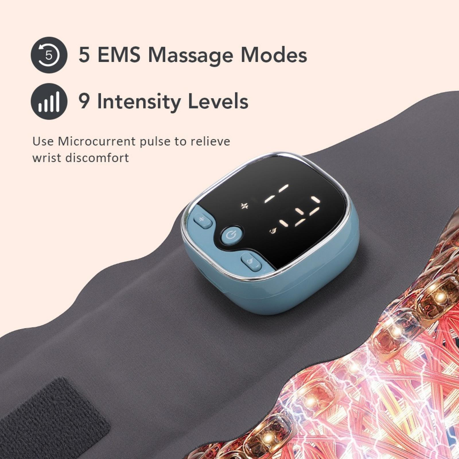 Ein blaues Handgelenkmassagegerät mit Digitalanzeige. Es hat 5 Massagemodi und 9 Intensitätsstufen. Es verwendet Mikrostromimpulse.
