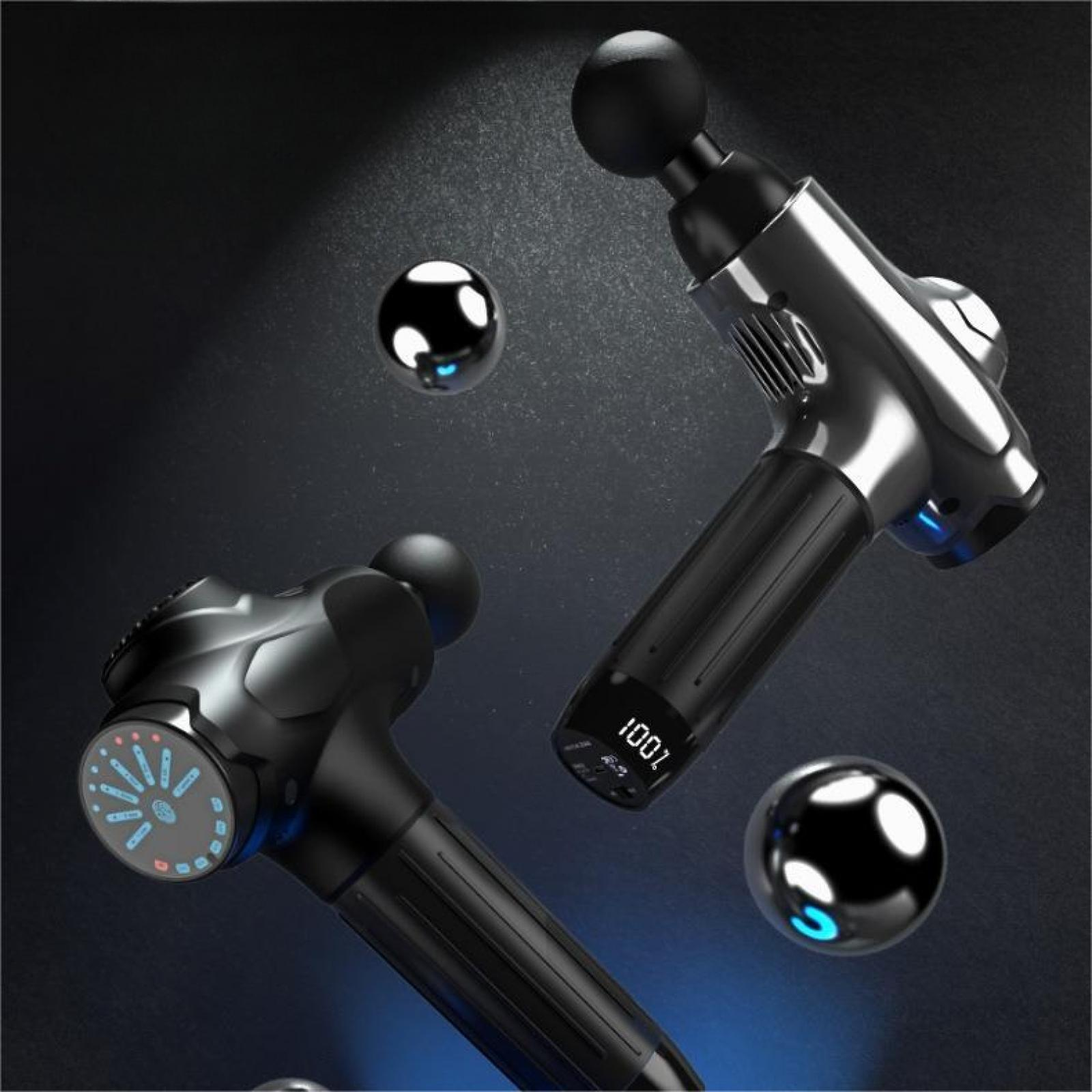 Schwarze und silberne Massagepistolen mit schwebenden Metallkugeln. Anzeige zeigt 100 %. Dunkler Hintergrund mit blauen Akzenten.
