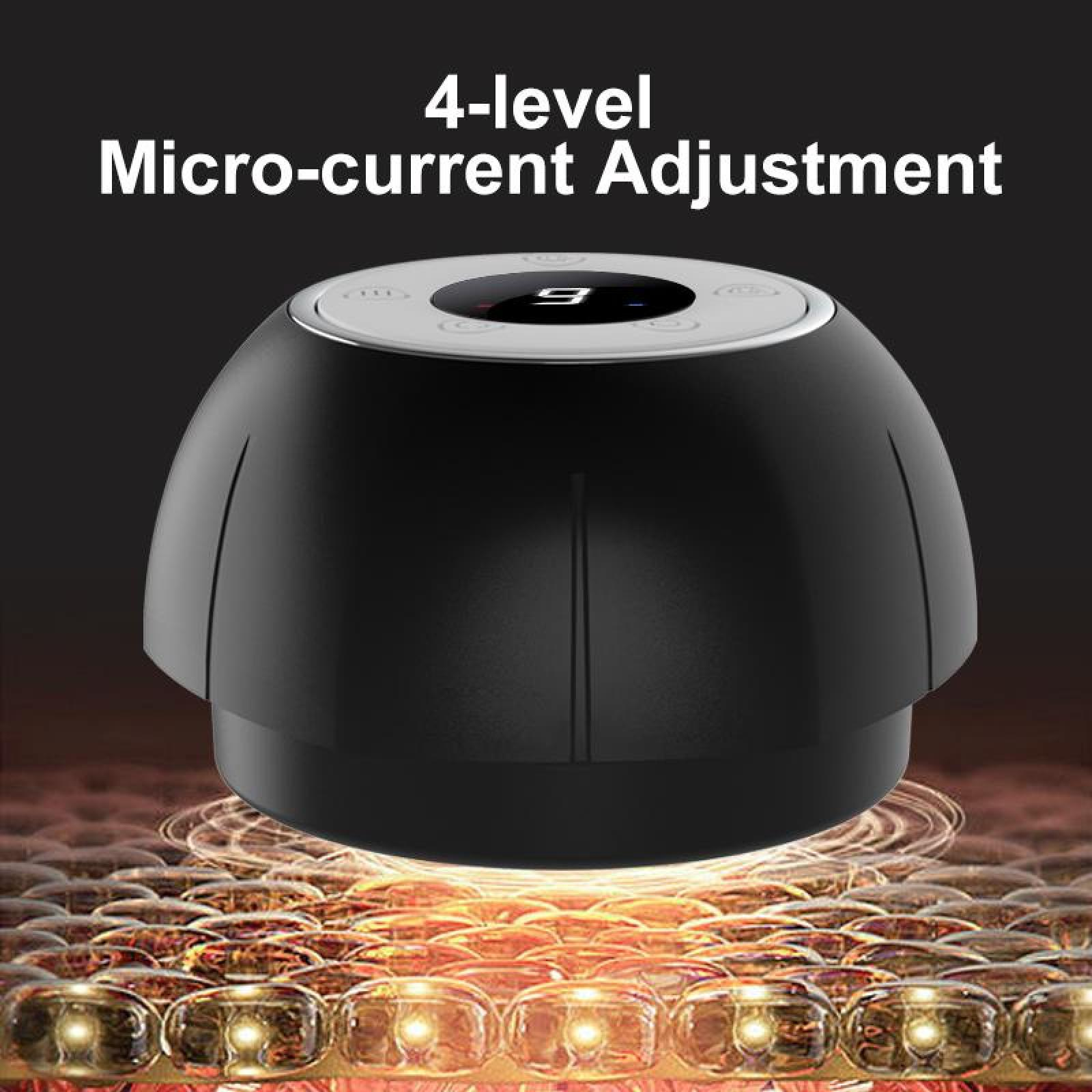 Ein schwarzes Gerät mit digitaler Anzeige, beschriftet mit '4-level Micro-current Adjustment', über einem leuchtenden Muster.