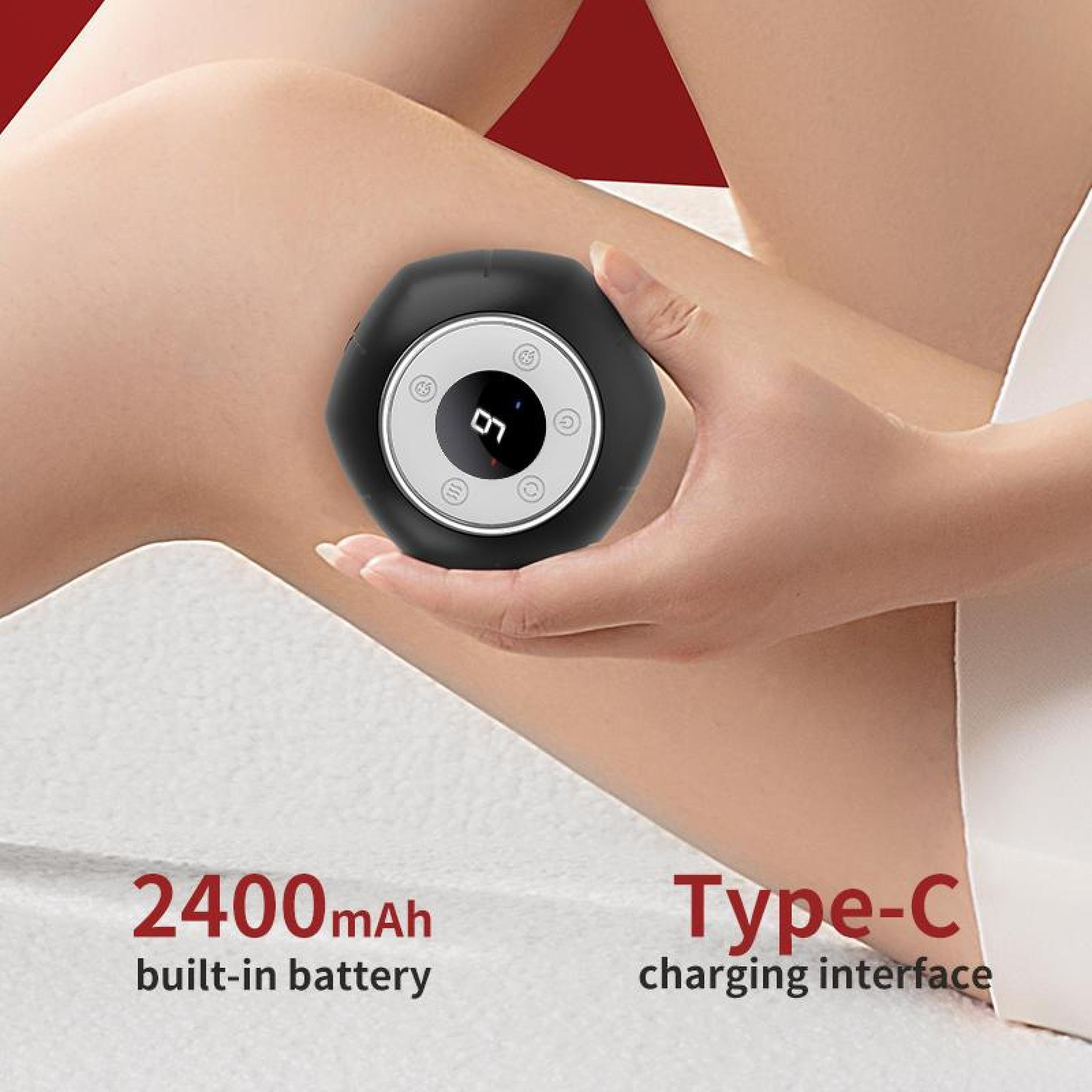 Ein schwarzes Gerät wird auf einem Knie gehalten. Das Gerät hat eine digitale Anzeige mit der Zahl 6. Text darunter zeigt 2400 mAh Akku.