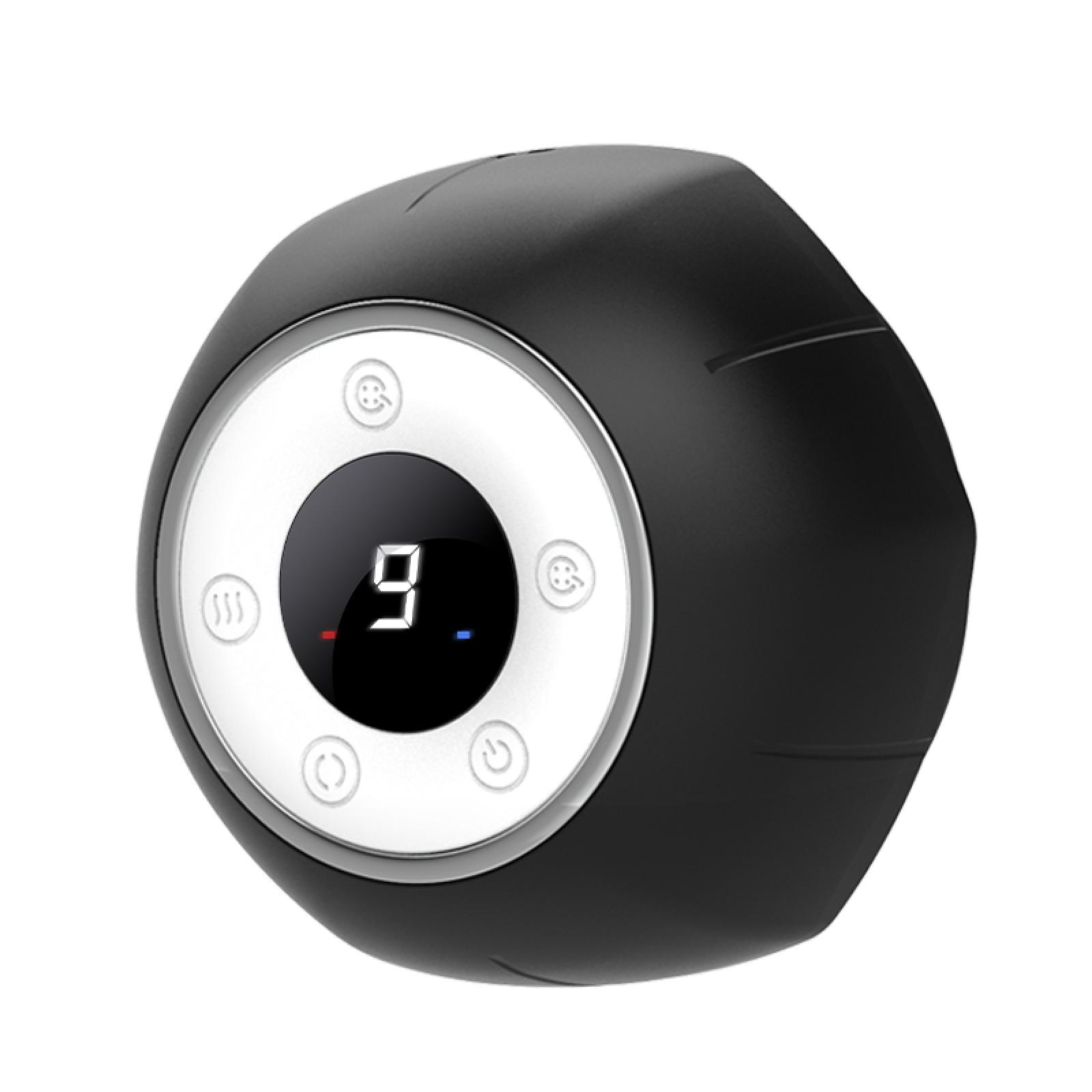 Ein schwarzes, abgerundetes Gerät mit Digitalanzeige '9'. Es hat einen weißen Ring mit Knöpfen und Symbolen.