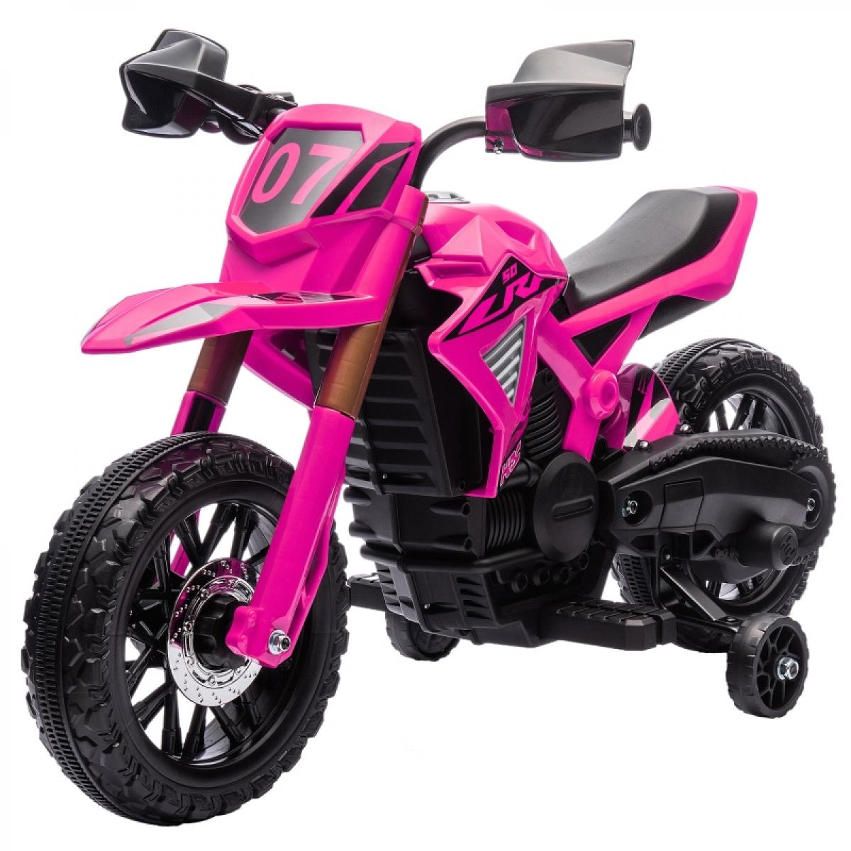Rosa Spielzeugmotorrad mit der Nummer 07 vorne. Es hat schwarze Räder und einen schwarzen Sitz. Es ist ein Kinderspielzeug.