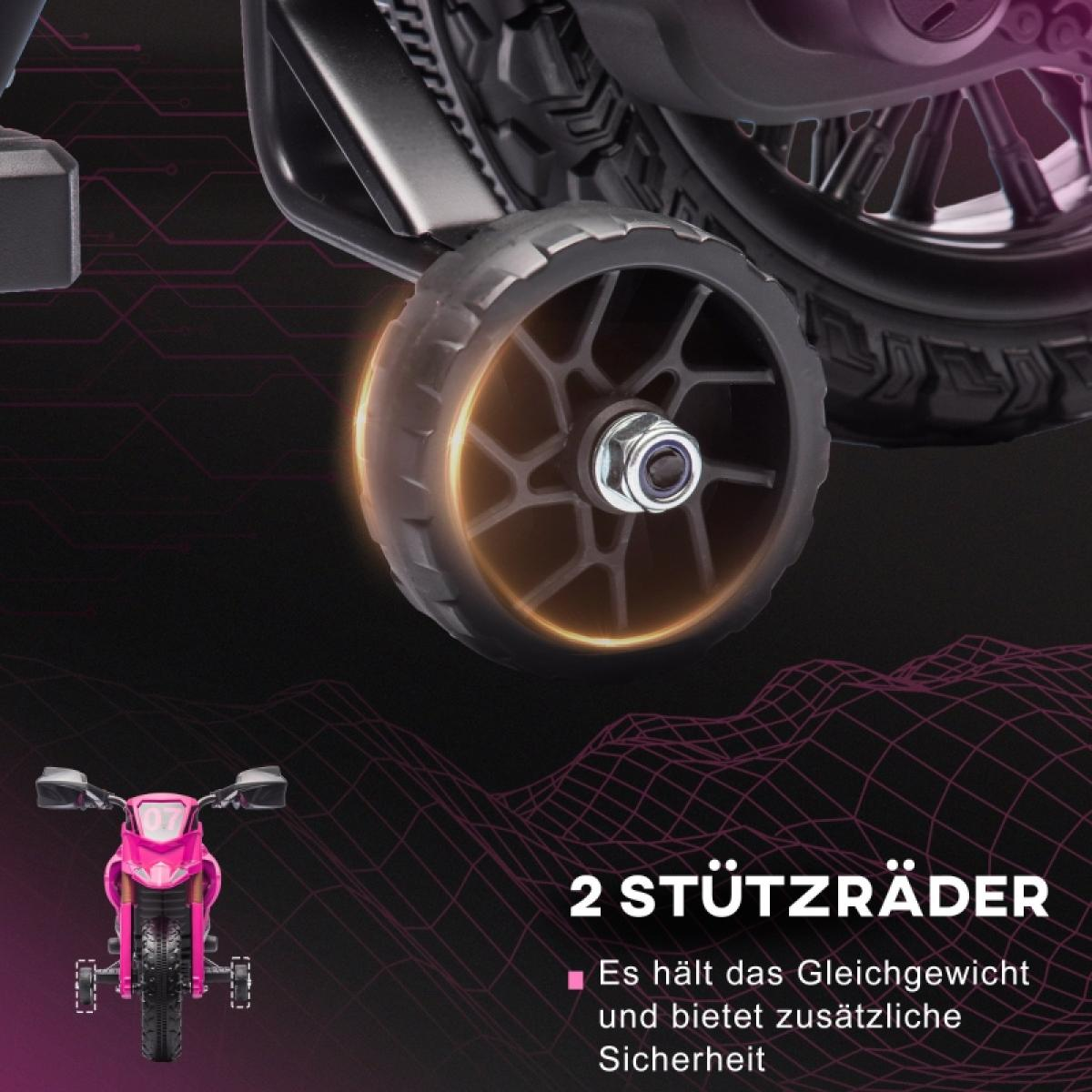 Nahaufnahme eines Motorradspielzeugrads mit einem Stützrad. Die Szene spielt vor einem digitalen, dunkelvioletten Hintergrund mit Text.