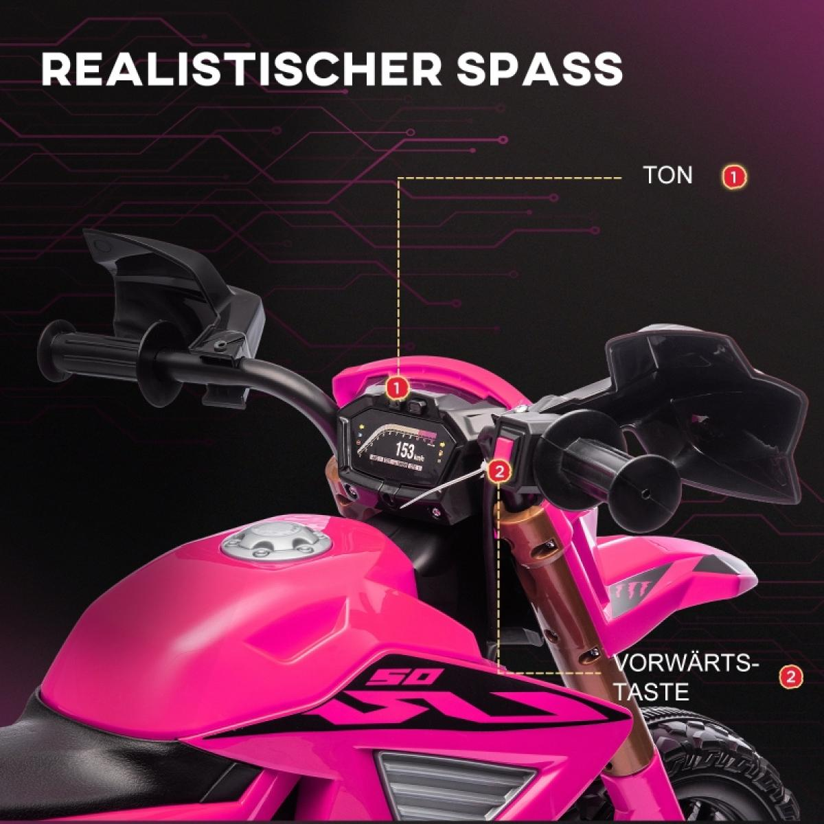 Ein rosa Spielzeugmotorrad mit schwarzen Lenkern und einem digitalen Armaturenbrett, das 153 anzeigt. Der Hintergrund ist schwarz mit weißen Linien.