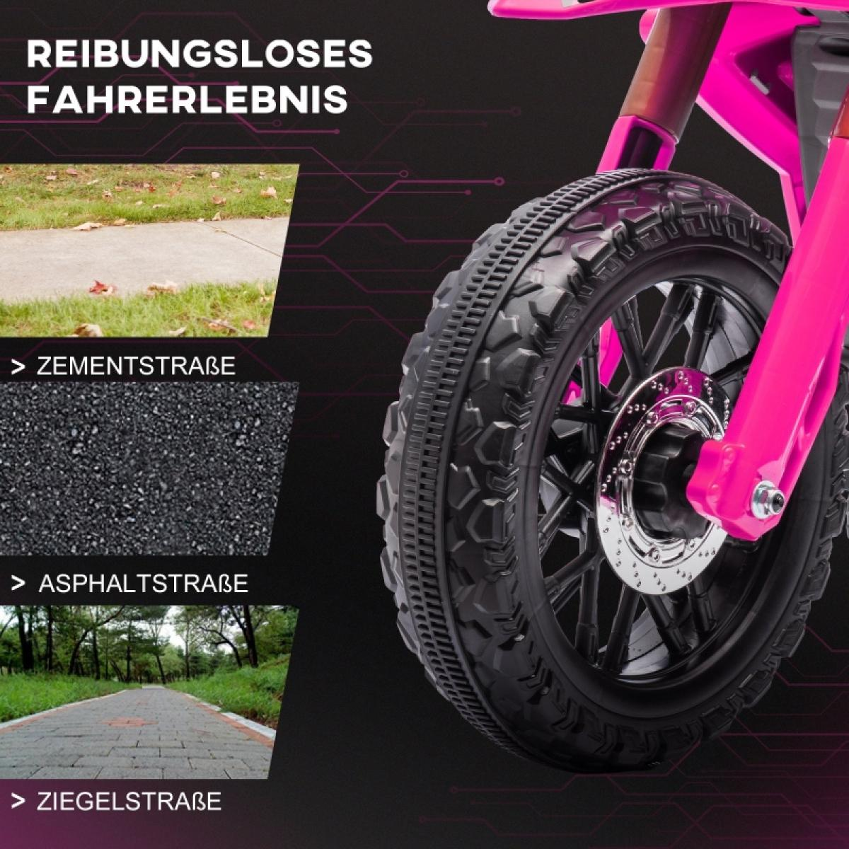 Ein rosa Spielzeugmotorrad mit schwarzem Reifen wird gezeigt. Der Hintergrund zeigt verschiedene Straßenoberflächen: Bürgersteig, Asphalt und Ziegel.