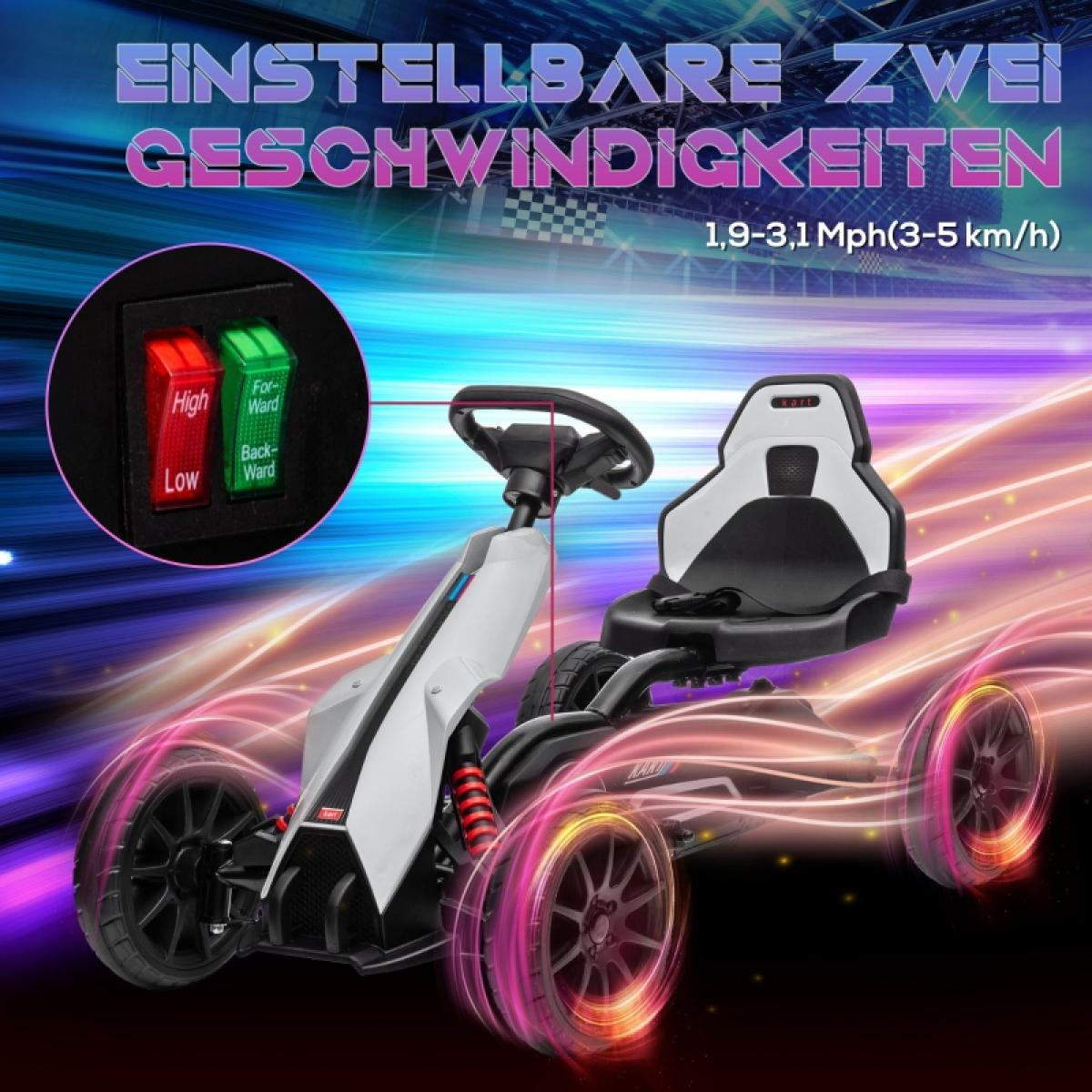 Ein weißes und schwarzes Go-Kart mit roten und grünen Schaltern. Text: 'EINSTELLBARE ZWEI GESCHWINDIGKEITEN'.