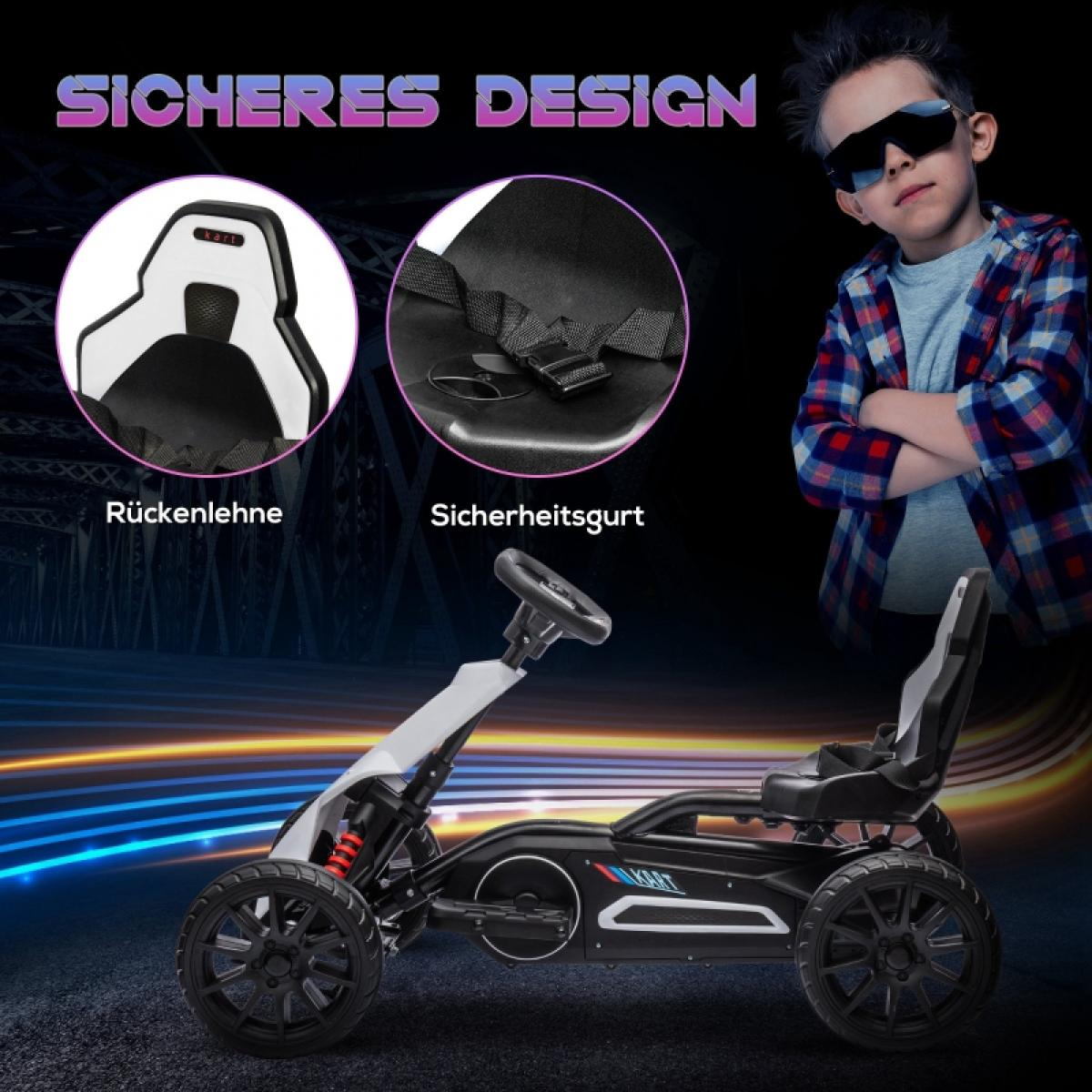 Ein Kind mit Sonnenbrille steht neben einem schwarz-weißen Kart. Zwei inset Bilder zeigen den Sitz und den Sicherheitsgurt.