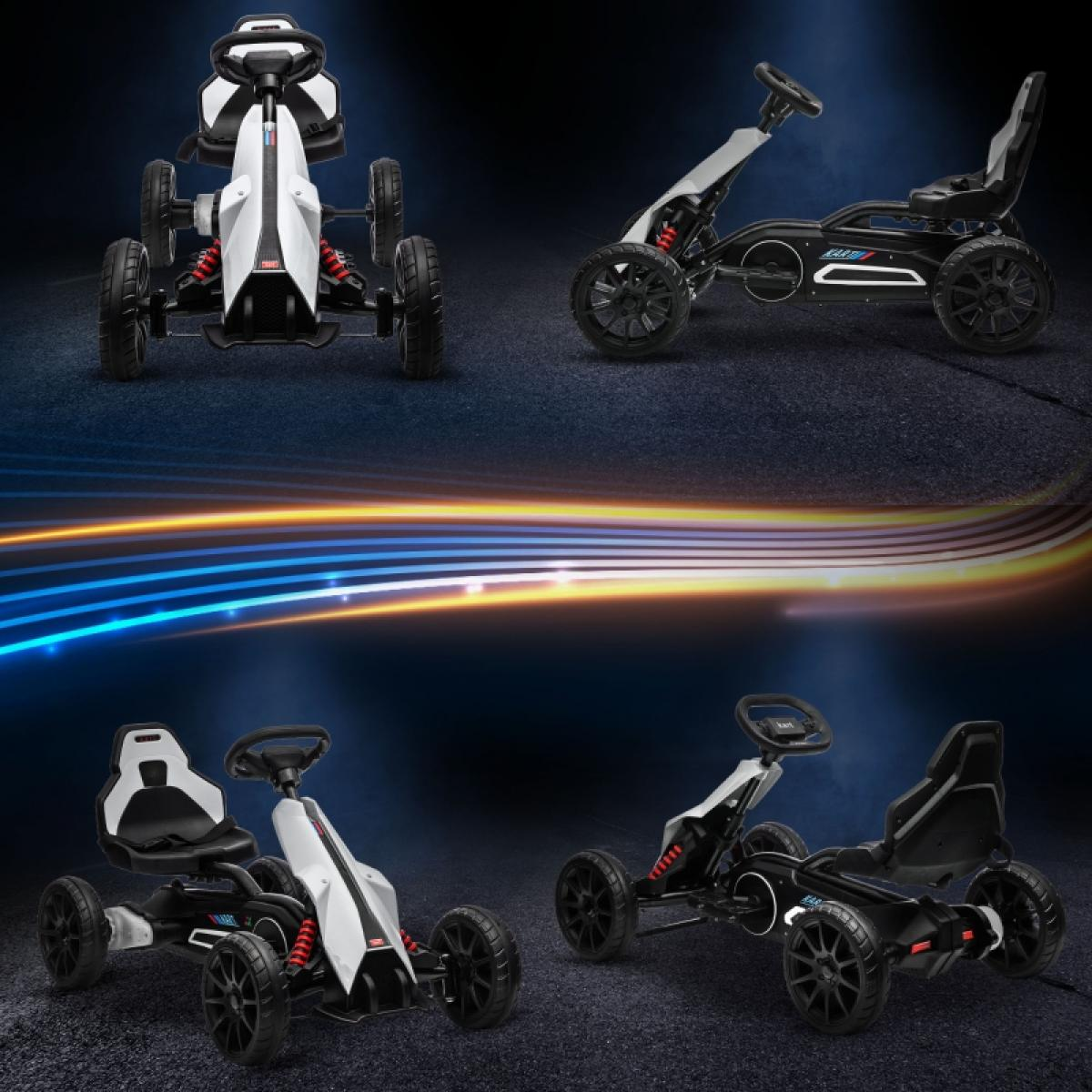 Vier Go-Karts mit schwarzen Reifen und Rahmen, weißen und schwarzen Sitzen. Verschiedene Winkel, mit blauem und gelbem Lichteffekt im Hintergrund.