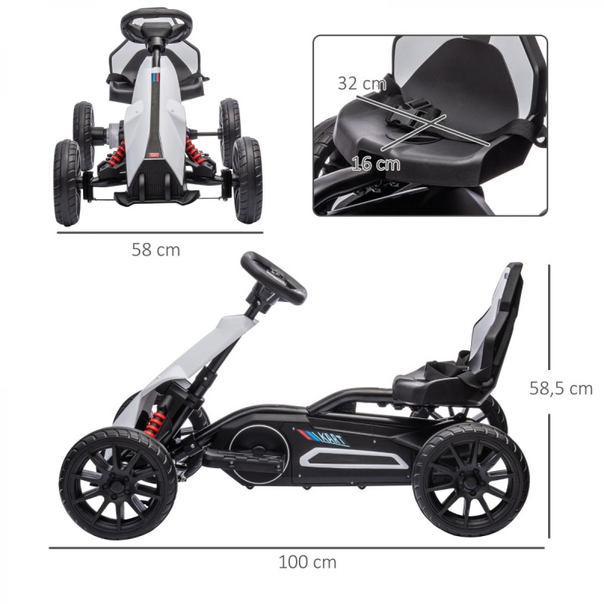 Ein schwarz-weißes Go-Kart mit roten Federn. Abmessungen: 100 cm lang, 58 cm breit und 58,5 cm hoch.