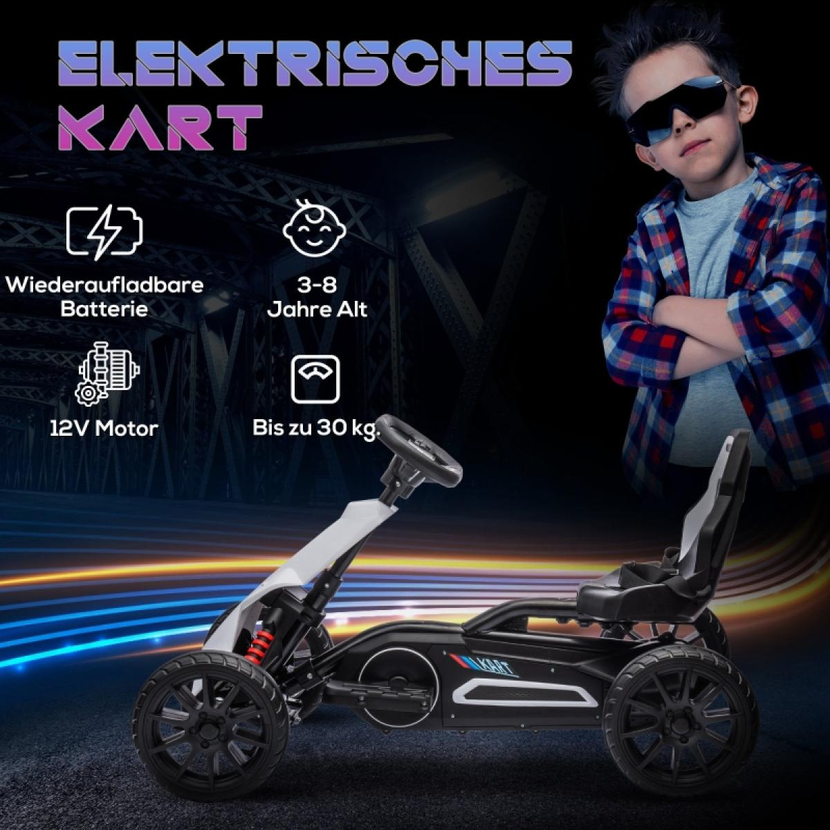 Ein schwarz-weißes Elektro-Kart mit einem Kind mit Sonnenbrille. Textdetails umfassen 'wiederaufladbare Batterie', '3-8 Jahre' und '12V Motor'.