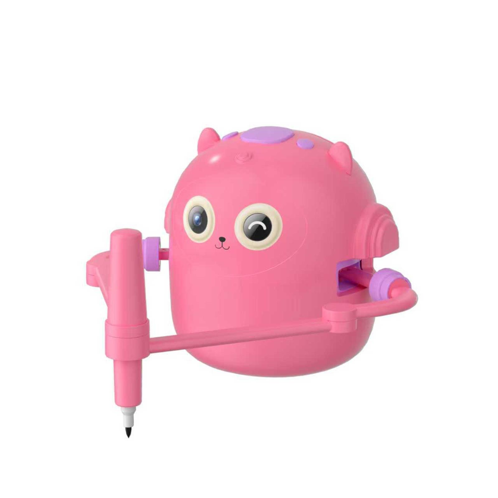 Ein rosa, katzenförmiges Zeichenwerkzeug mit Stift. Es hat lila Akzente und ein skurriles Design, ideal für Kinder.