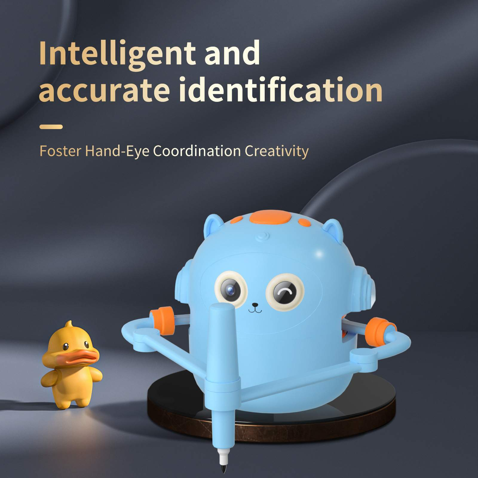 Ein blaues Roboter-Spielzeug mit Stift und ein gelbes Entenspielzeug. Der Hintergrund hat Text über Hand-Augen-Koordination.
