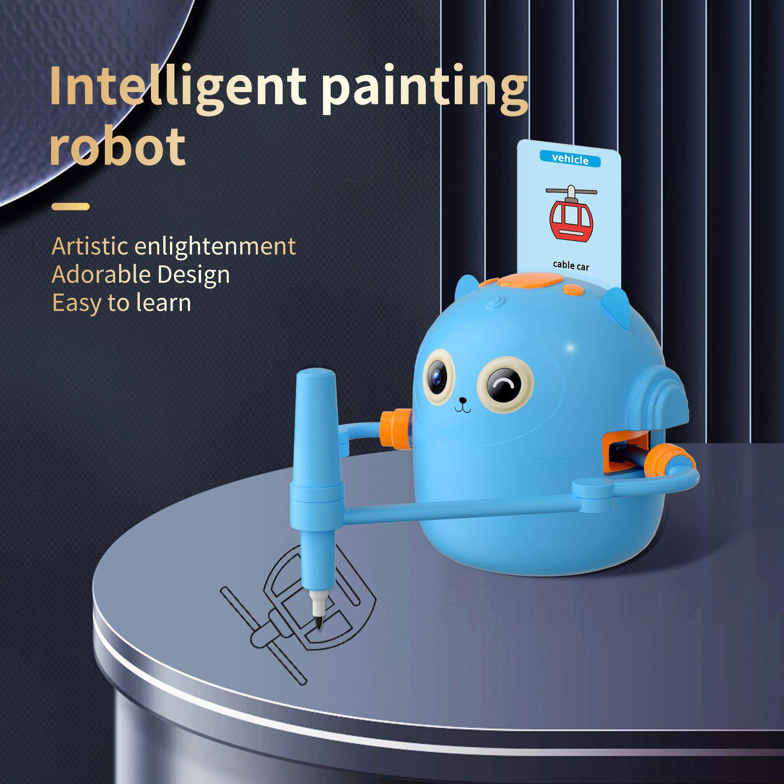 Ein blaues Roboter-Spielzeug mit orangefarbenen Akzenten zeichnet auf einer grauen Oberfläche. Rechts ist eine Seilbahn-Illustration.