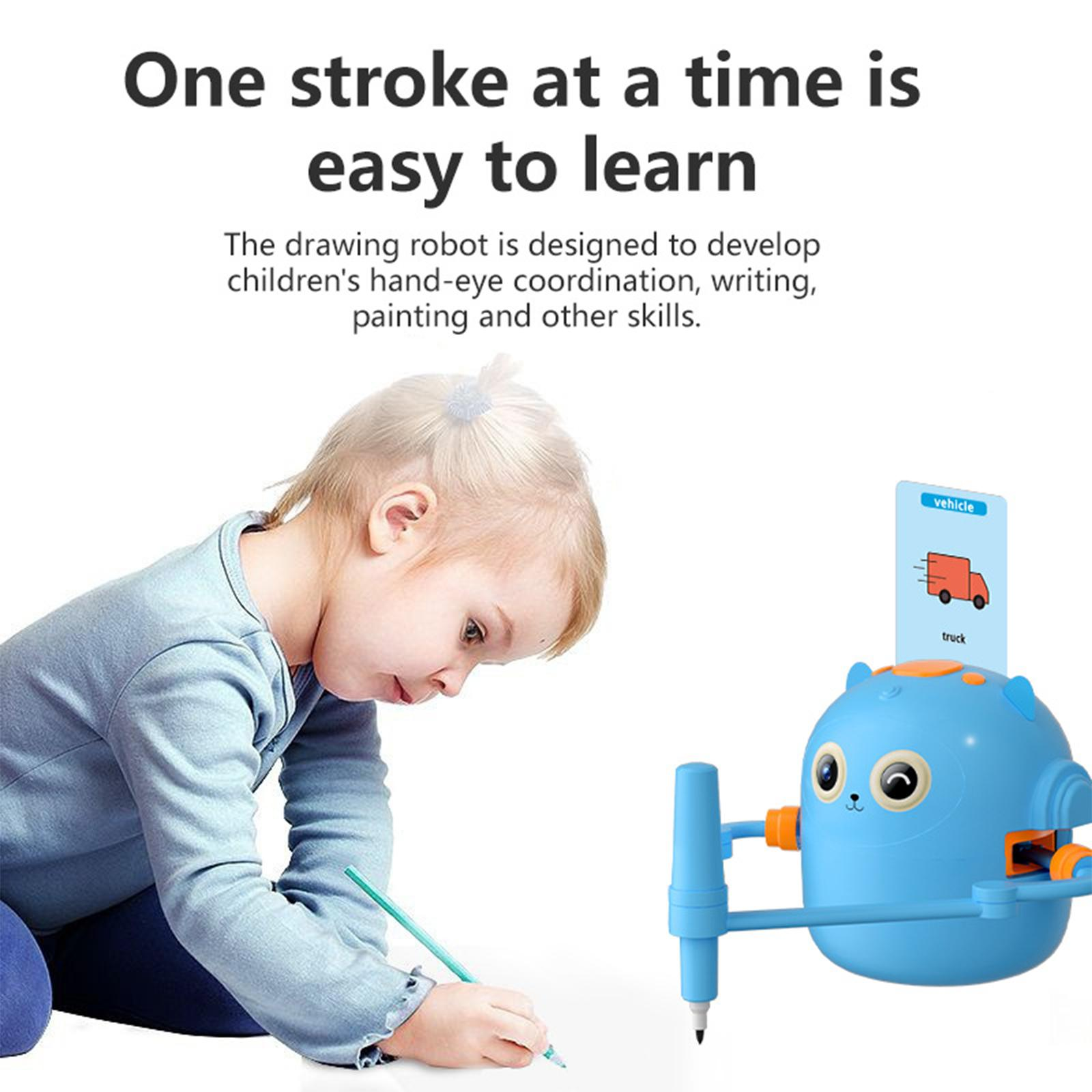 Ein Kind zeichnet mit einem blauen Roboter. Der Roboter hält einen Stift. Text sagt 'Einfach zu lernen'.