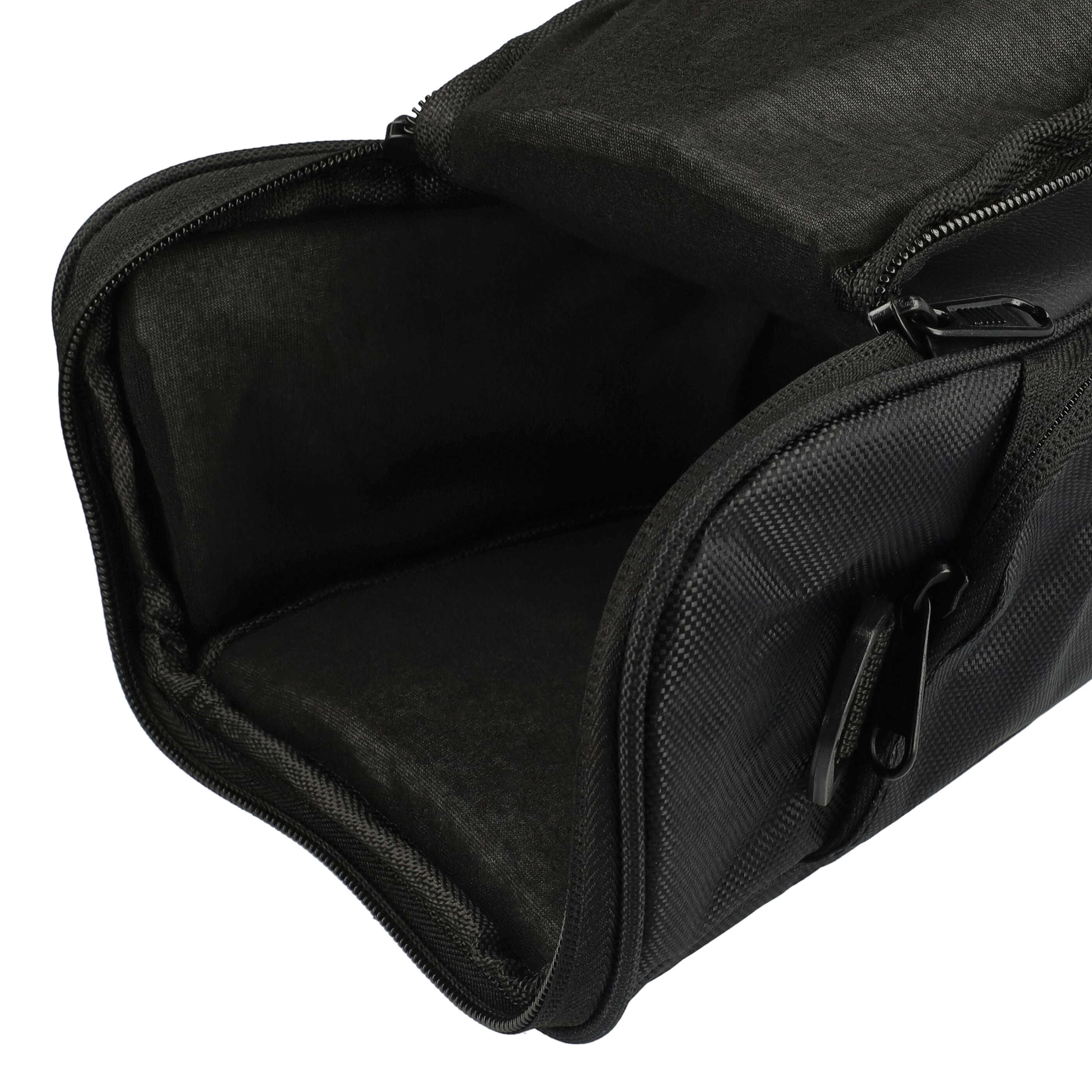 Schwarze offene Tasche mit Reißverschluss. Das Innere der Tasche ist sichtbar, der Hintergrund ist weiß.