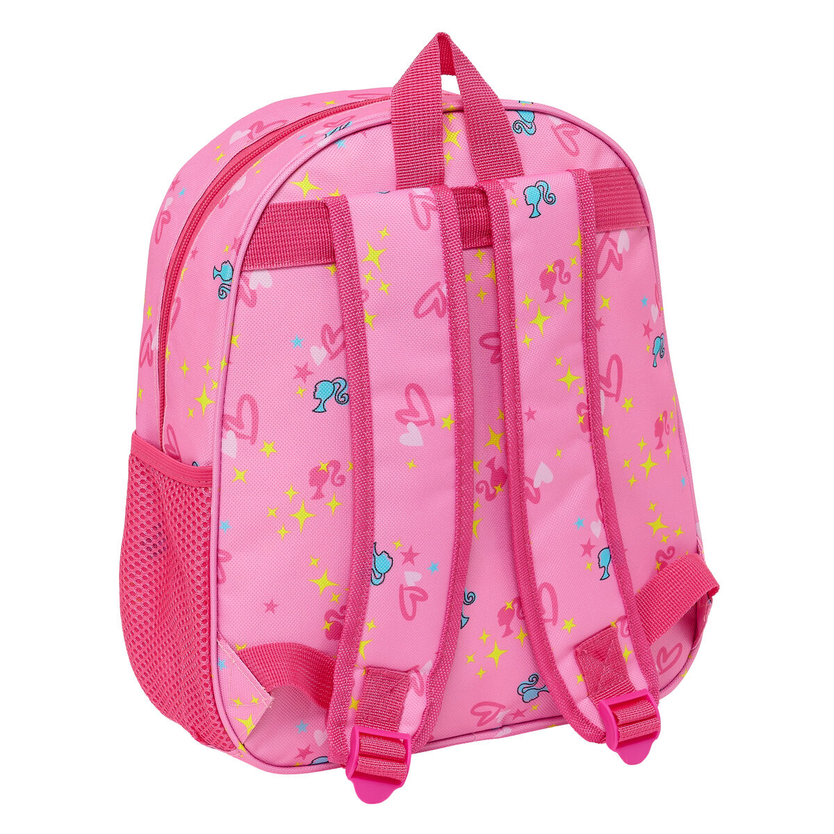 Rosa Rucksack mit Barbie-Muster, Herzen, Sternen und einer seitlichen Netztasche. Träger und Griff sichtbar. Weißer Hintergrund.
