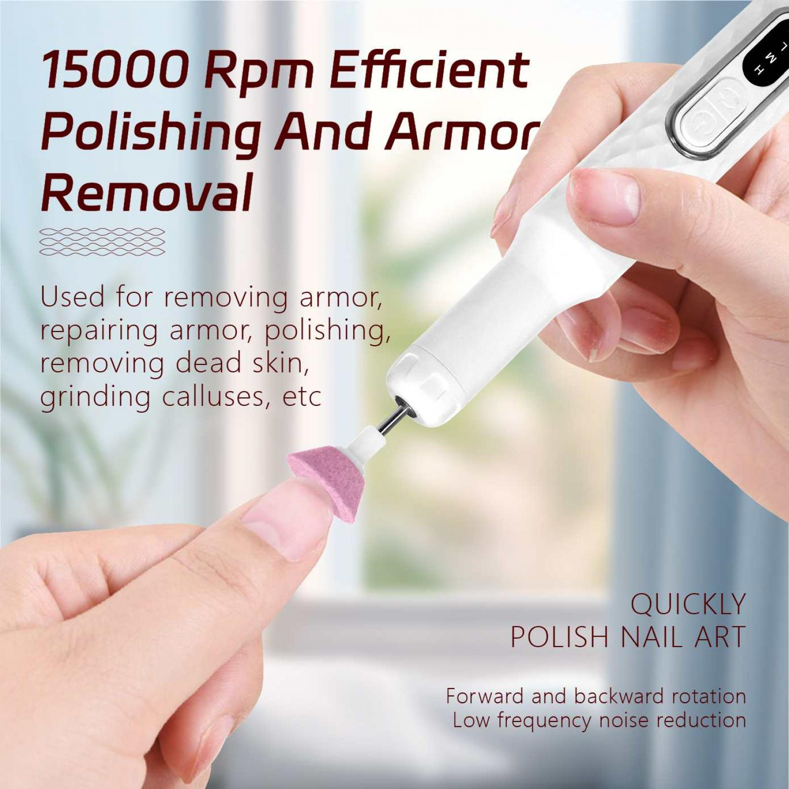 Eine Hand, die einen weißen Nagellack hält. Ein rosa Polierkopf befindet sich auf einem Fingernagel. Text: Polieren und Entfernen von Rüstungen.