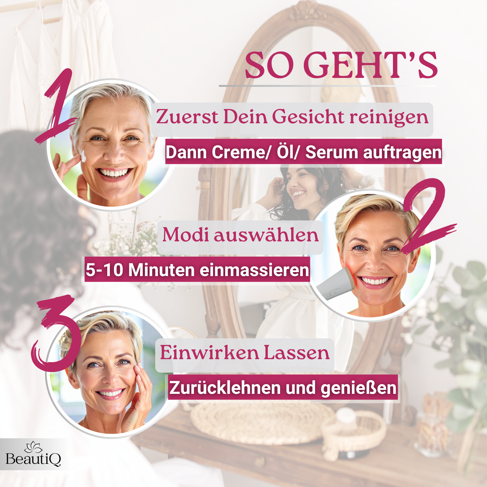 Das Bild zeigt Schritte zur Gesichtspflege. Frauen tragen Creme auf, benutzen ein Gerät und entspannen sich. Anweisungen auf Deutsch.