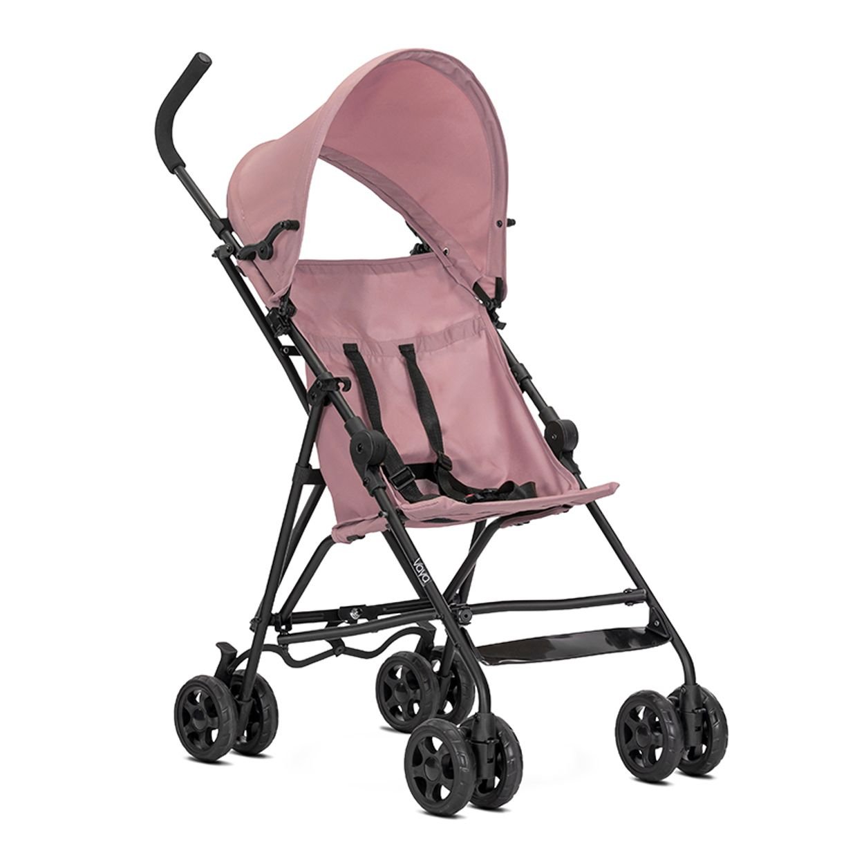 Ein rosa Kinderwagen auf weißem Hintergrund. Er hat einen schwarzen Rahmen, schwarze Räder und ein Sonnensegel. Der Sitz hat Gurte.