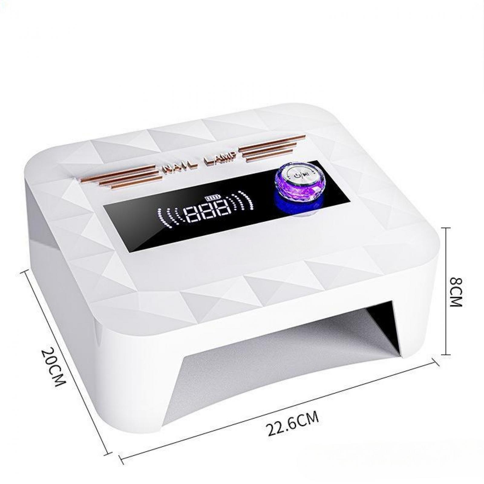 Eine weiße Nagellampe mit digitaler Anzeige. Sie hat einen lila Knopf und die Aufschrift "NAIL LAMP".