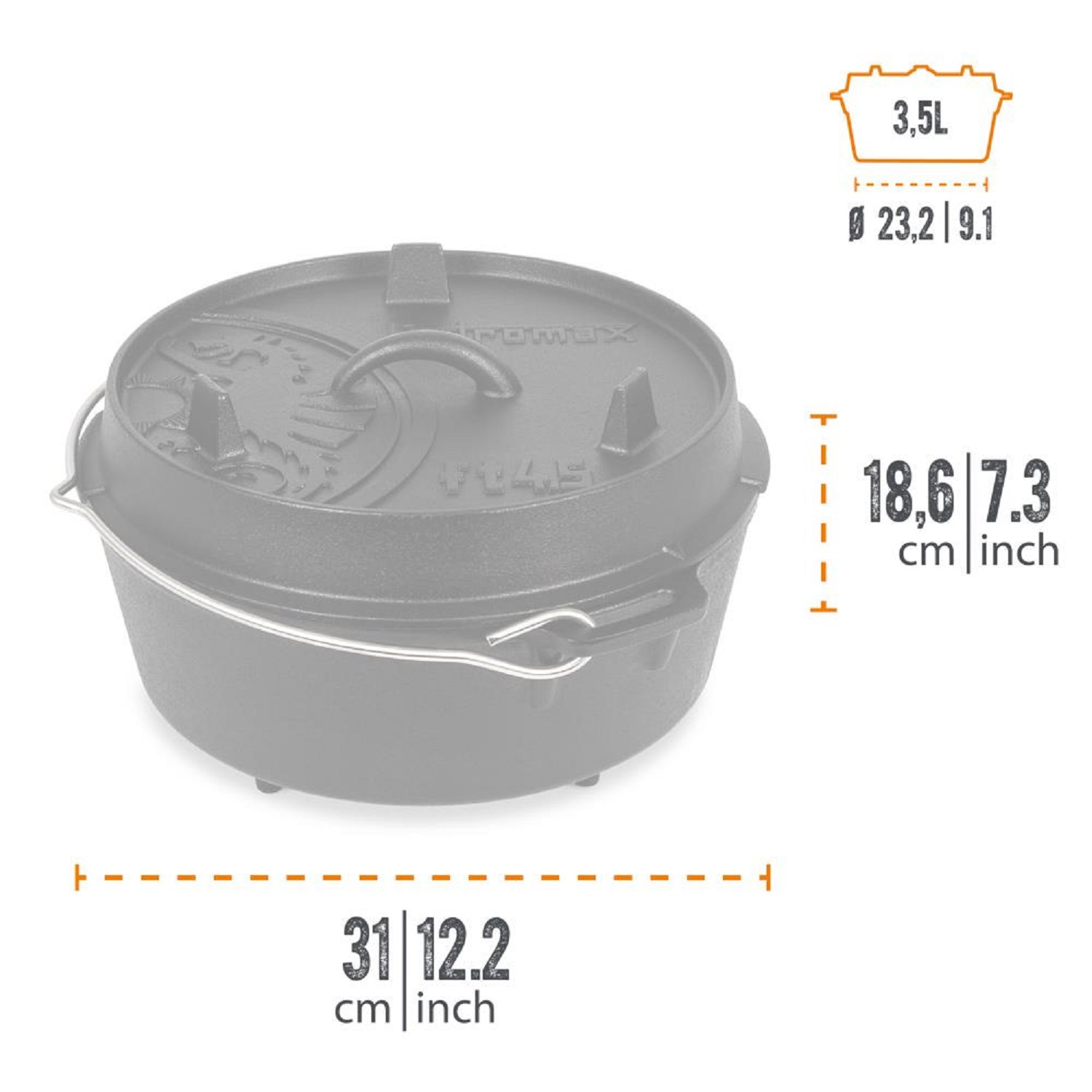 Ein schwarzer gusseiserner Dutch Oven mit Deckel und Griff. Abmessungen und Volumen werden mit cm- und Zollmaßen angezeigt.