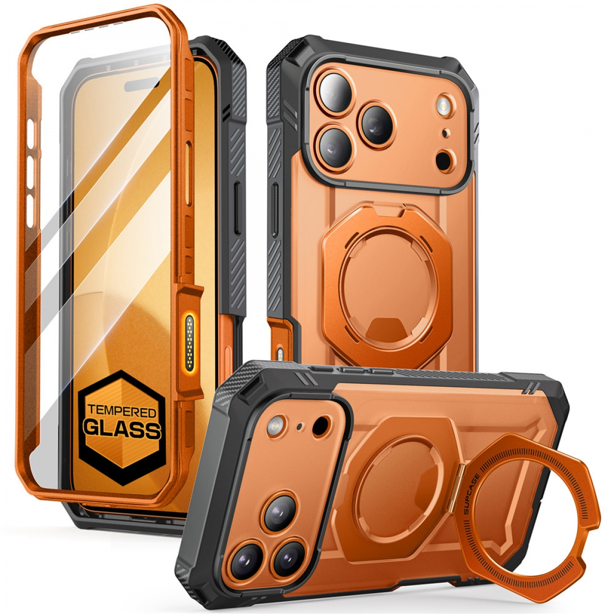 Custodie per telefoni arancioni e nere con supporti ad anello e protezioni per lo schermo in vetro temperato esposte, che mostrano diversi angoli e design.