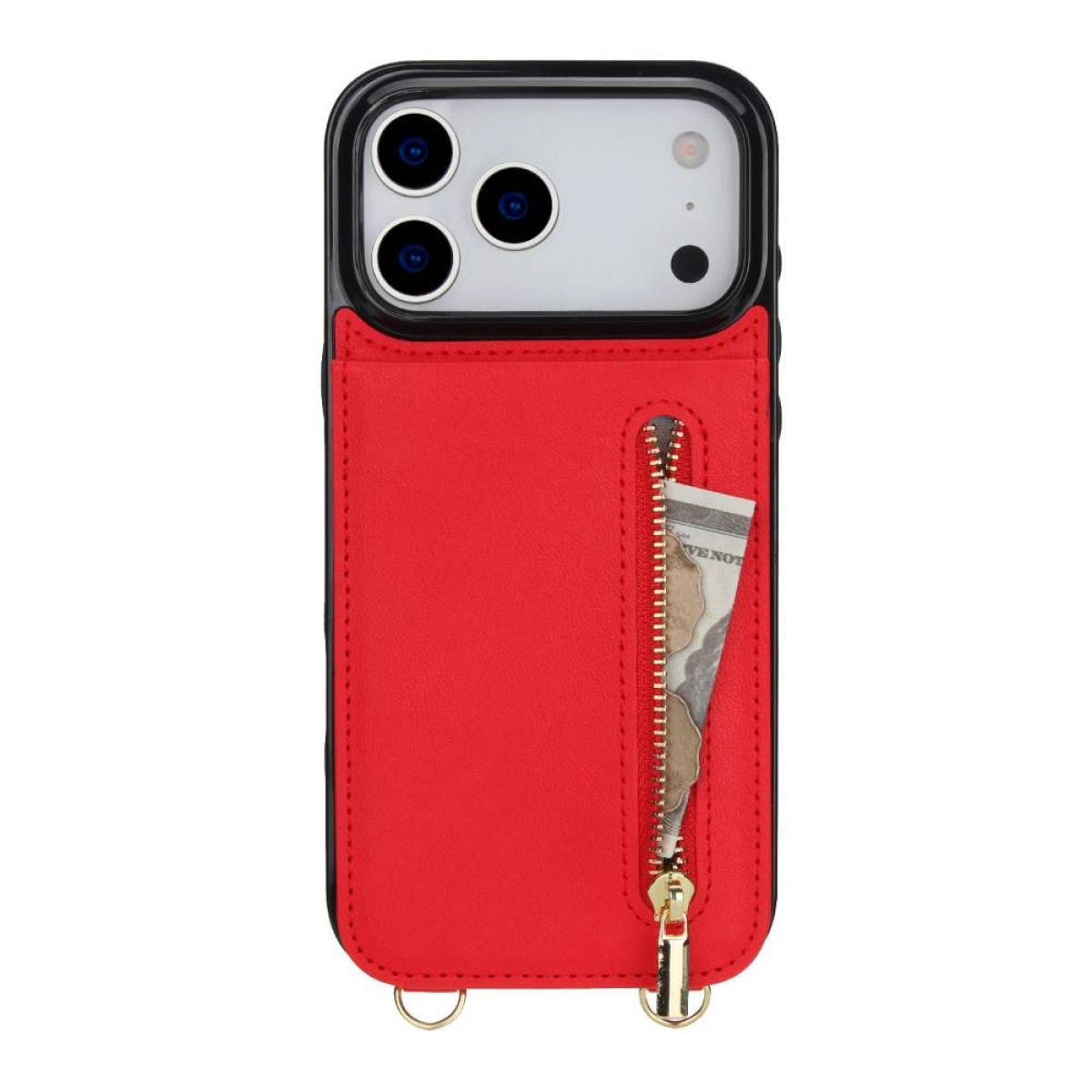 Rote iPhone-Hülle mit Geldbörse. Sie hat einen Reißverschluss und eine Geldschein ist teilweise sichtbar. Die Hülle ist schwarz und rot.