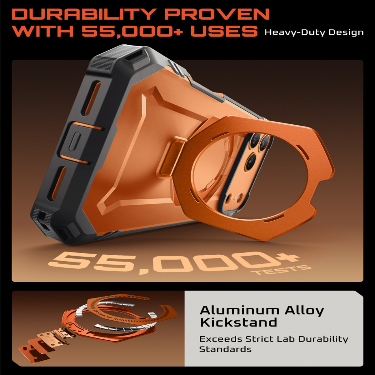 Una custodia arancione per telefono con supporto. Il testo recita "DURABILITY PROVEN" e "55,000+ USES". Viene mostrato un supporto in lega di alluminio.