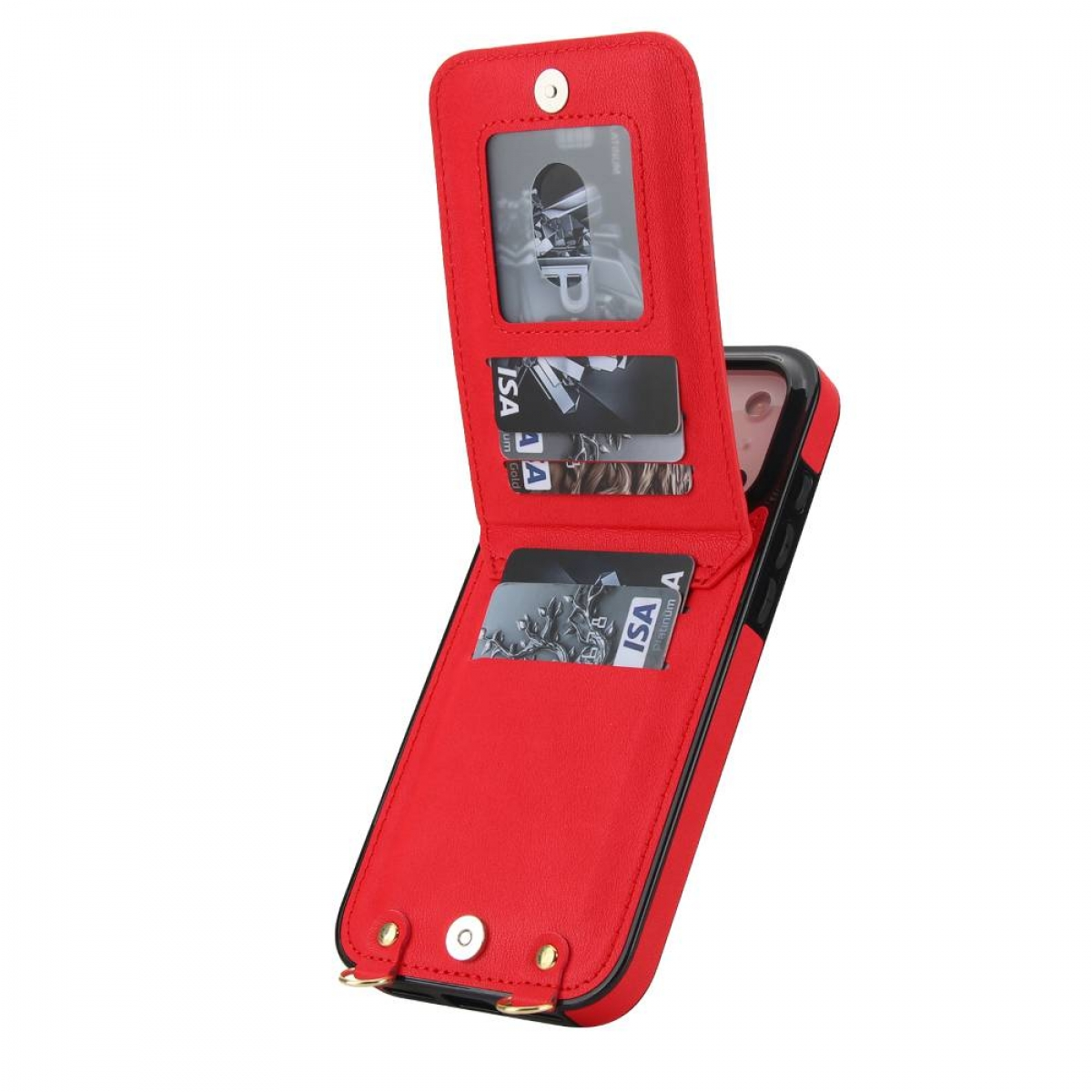 Rote Handyhülle mit Kartenfächern. Karten sichtbar. Geöffnet, mit dem Telefon im Inneren. Schwarz-rotes Farbschema.