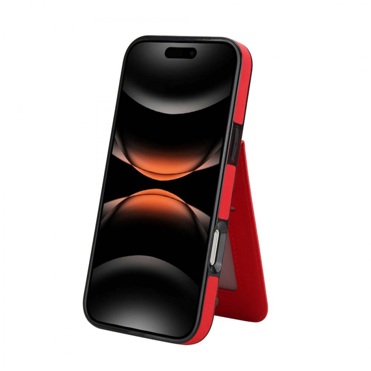 Smartphone in roter Hülle mit Ständer. Der Bildschirm zeigt ein abstraktes Bild. Das Telefon steht vor weißem Hintergrund.