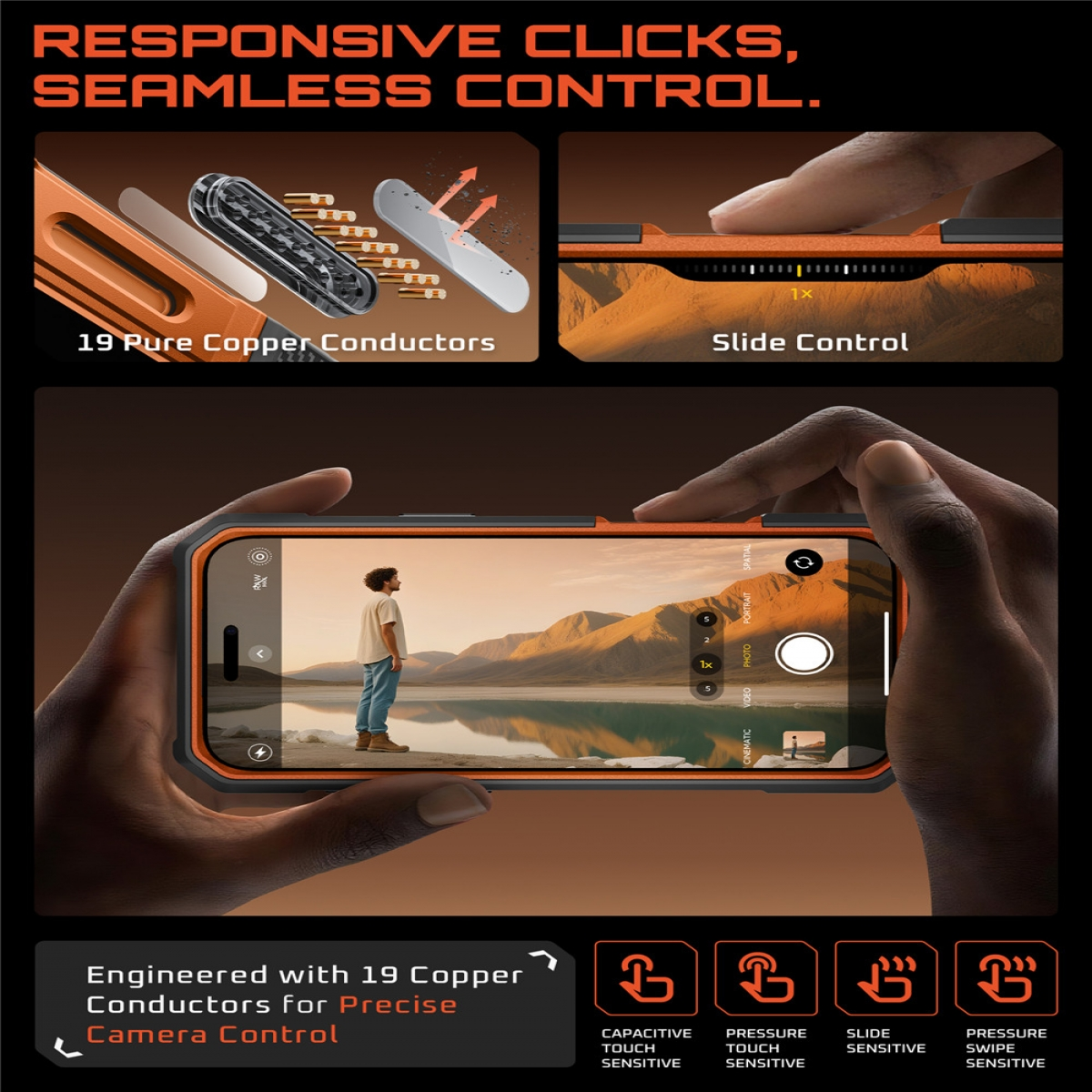 Mani che tengono un telefono, mostrando una foto di un paesaggio. Testo: Clic reattivi, controllo perfetto. Caratteristiche: controllo a scorrimento e conduttori in rame.