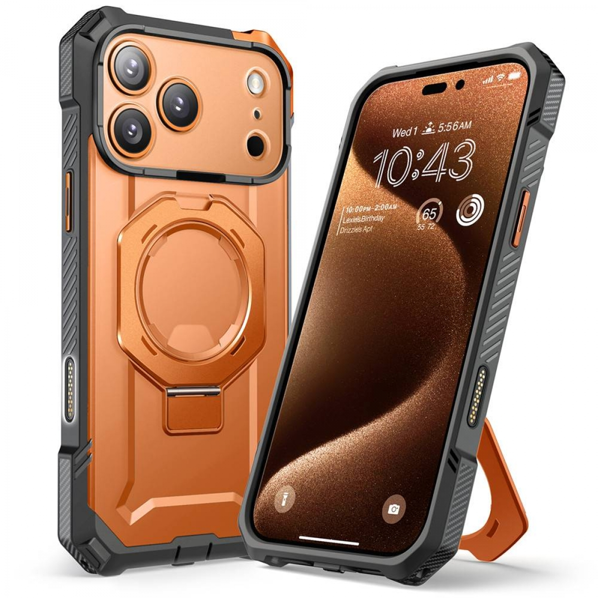Due custodie arancioni per telefono con un telefono su un supporto. Una custodia ha fotocamere e l'altra mostra lo schermo.