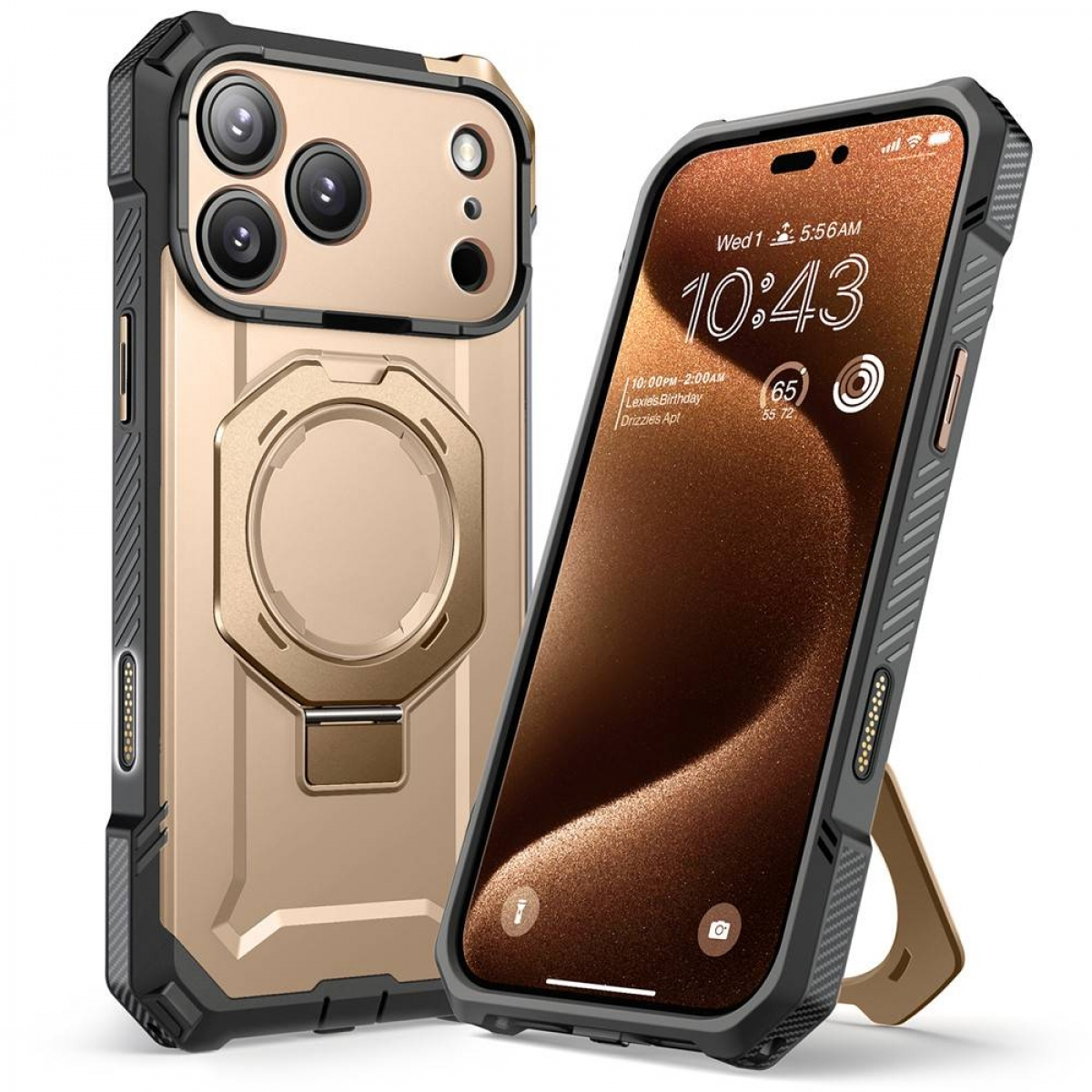 Due custodie per iPhone. Una in piedi, che mostra lo schermo del telefono con l'ora. L'altra è piatta.