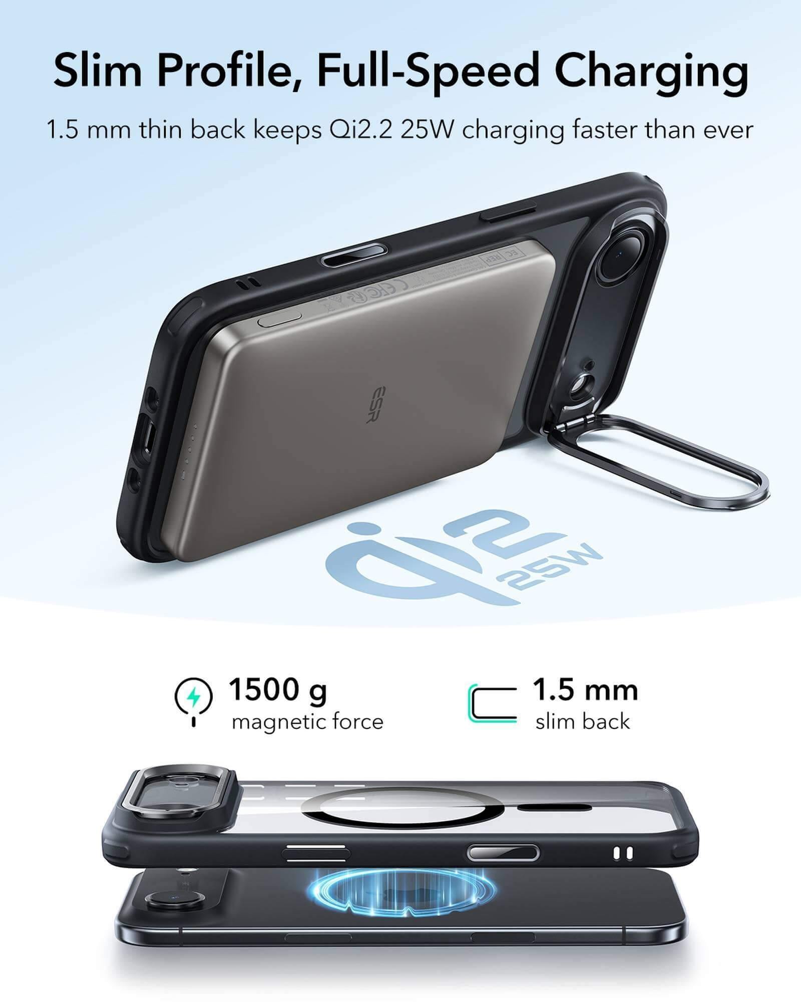 Eine schwarze Handyhülle mit einer silbernen Powerbank und einem Metallständer. Text: Schlankes Profil, schnelles Laden.