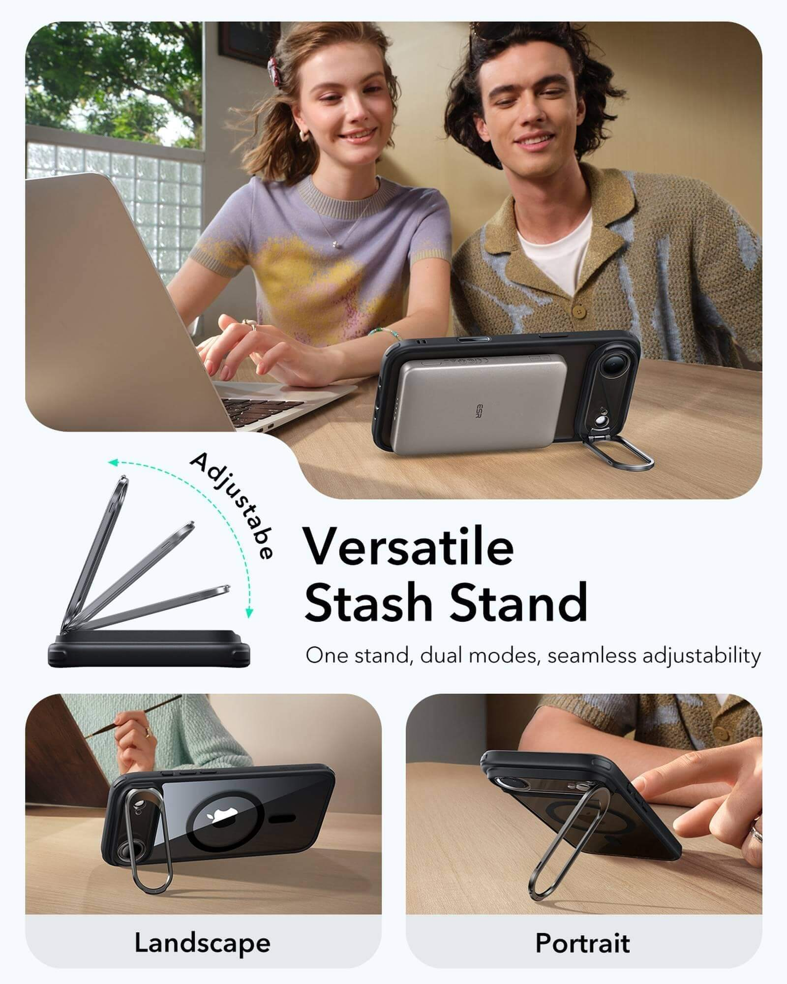 Personen verwenden einen Telefonständer. Der Ständer hält ein Telefon mit einer Powerbank. Der Ständer ist verstellbar.