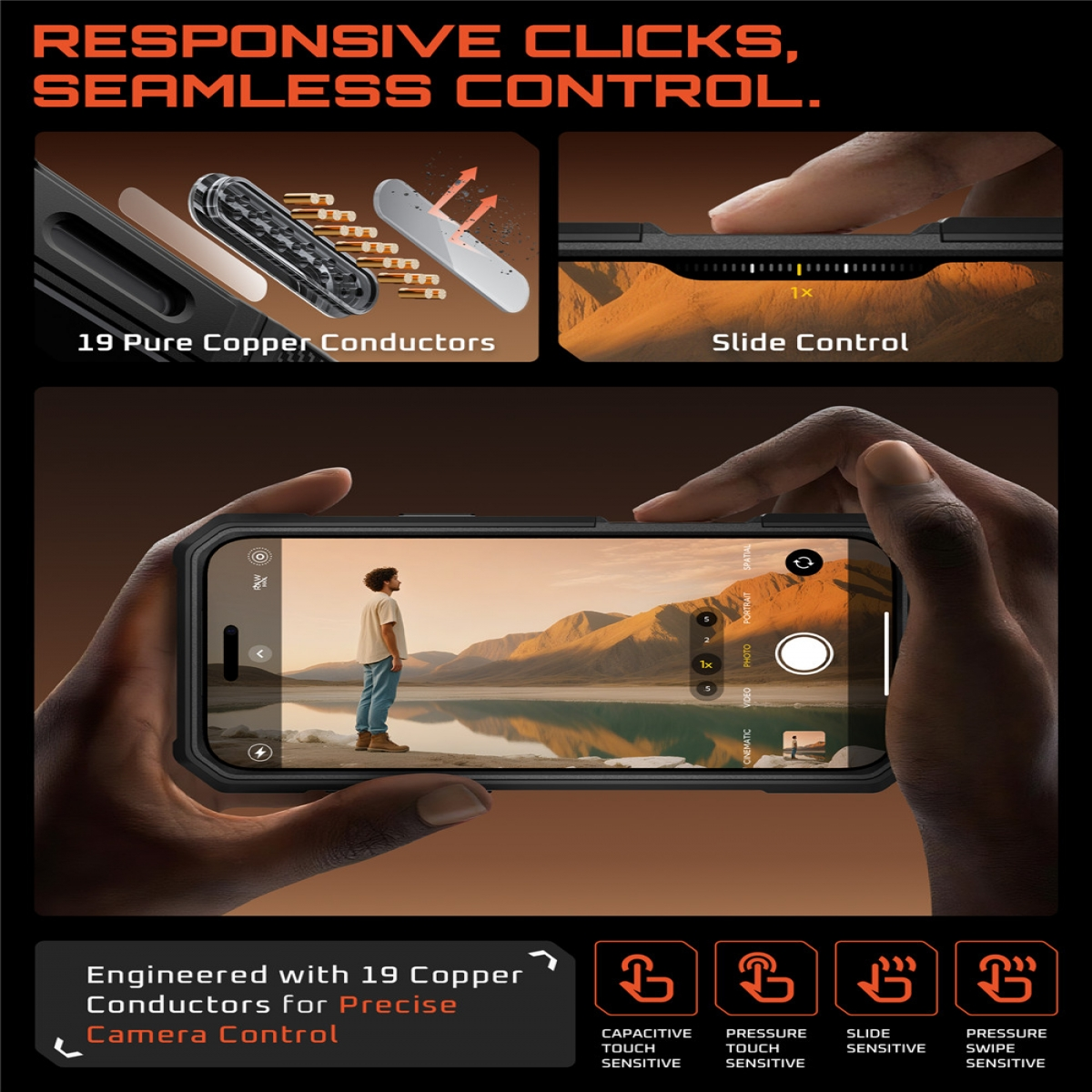 Una mano che tiene un telefono che mostra una persona di fronte a un lago e montagne. Il testo include 'Camera Control' e '19 Copper Conductors'.