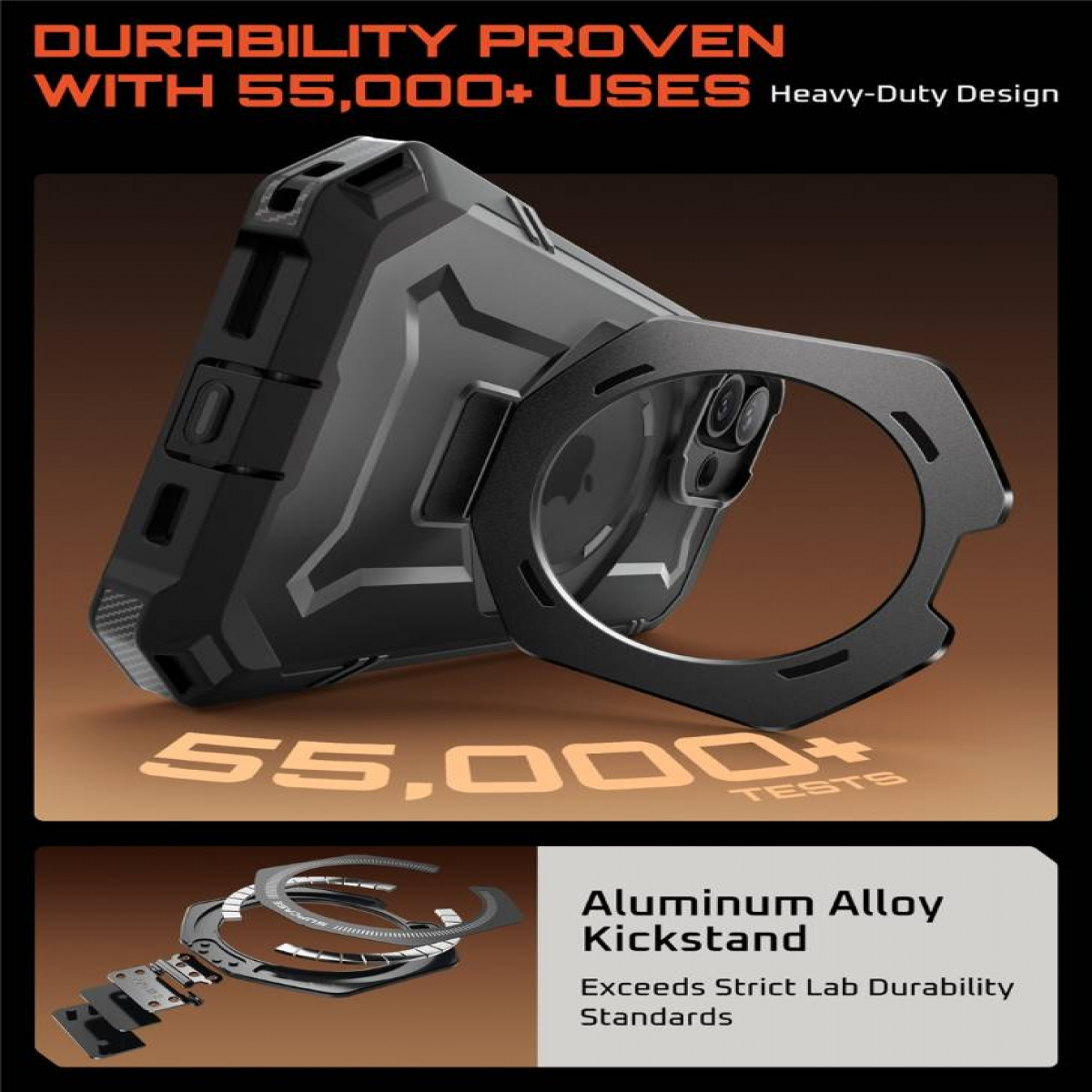 Schwarze Handyhülle mit Ständer. Text sagt "Haltbarkeit bewiesen" und "Aluminiumlegierung Kickstand" mit Labordauerhaftigkeitsstandards.