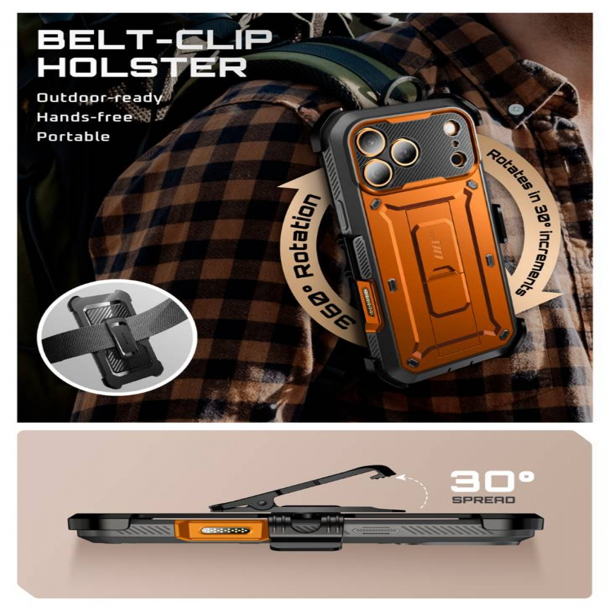 Una fondina con clip da cintura con rotazione a 360°, mostrata su una persona. Include una custodia arancione per telefono e una clip con apertura di 30°.