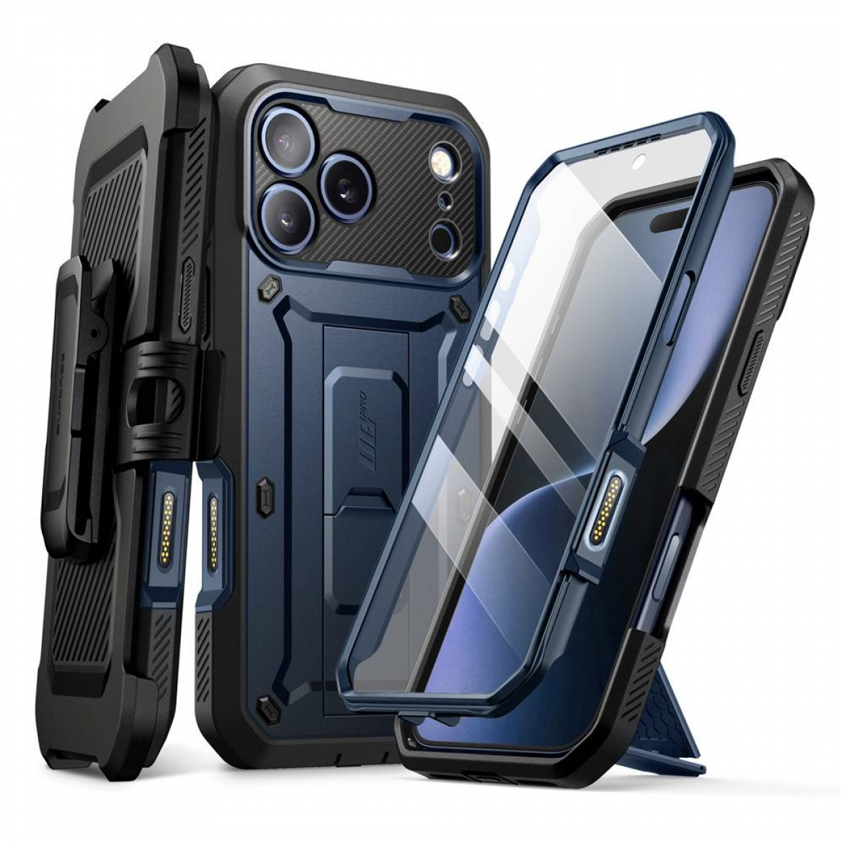 Una custodia per telefono blu e nera con supporto e clip da cintura. La custodia ha una protezione schermo trasparente e un design robusto.