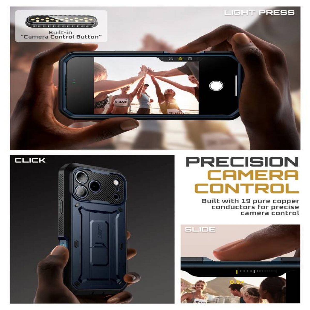 Mani che tengono un telefono che mostra un'interfaccia della fotocamera. Viene mostrata una custodia per telefono con un pulsante fotocamera integrato. Testo: Controllo fotocamera di precisione.