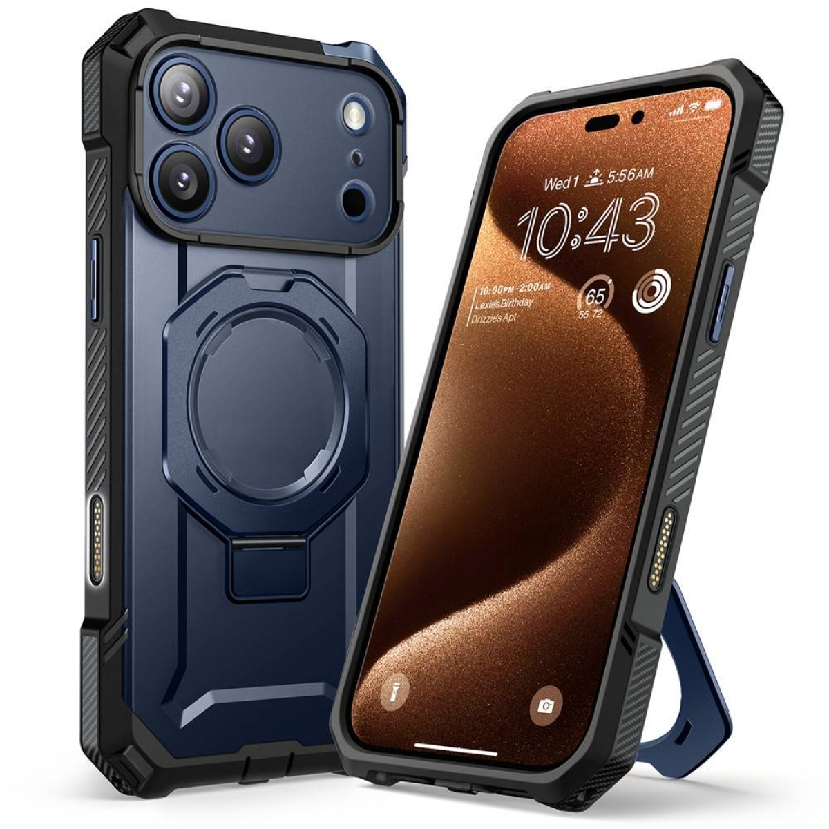 Zwei blau-schwarze Handyhüllen. Eine mit einem Telefon, das die Uhrzeit anzeigt, die andere mit der Rückseite.