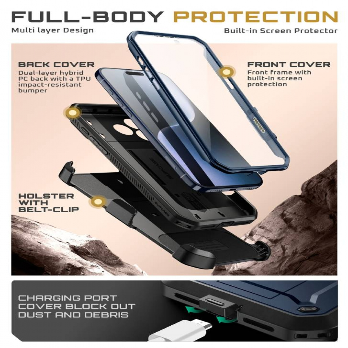 Vista esplosa di una custodia per telefono. Include una cover anteriore, una cover posteriore e una fondina. La custodia ha una protezione per lo schermo.
