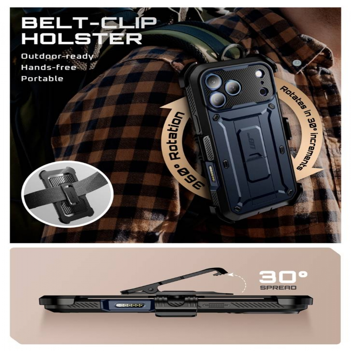 Una custodia per telefono con clip da cintura, a mani libere, adatta per esterni e portatile. Ruota di 360 gradi e a incrementi di 30 gradi.