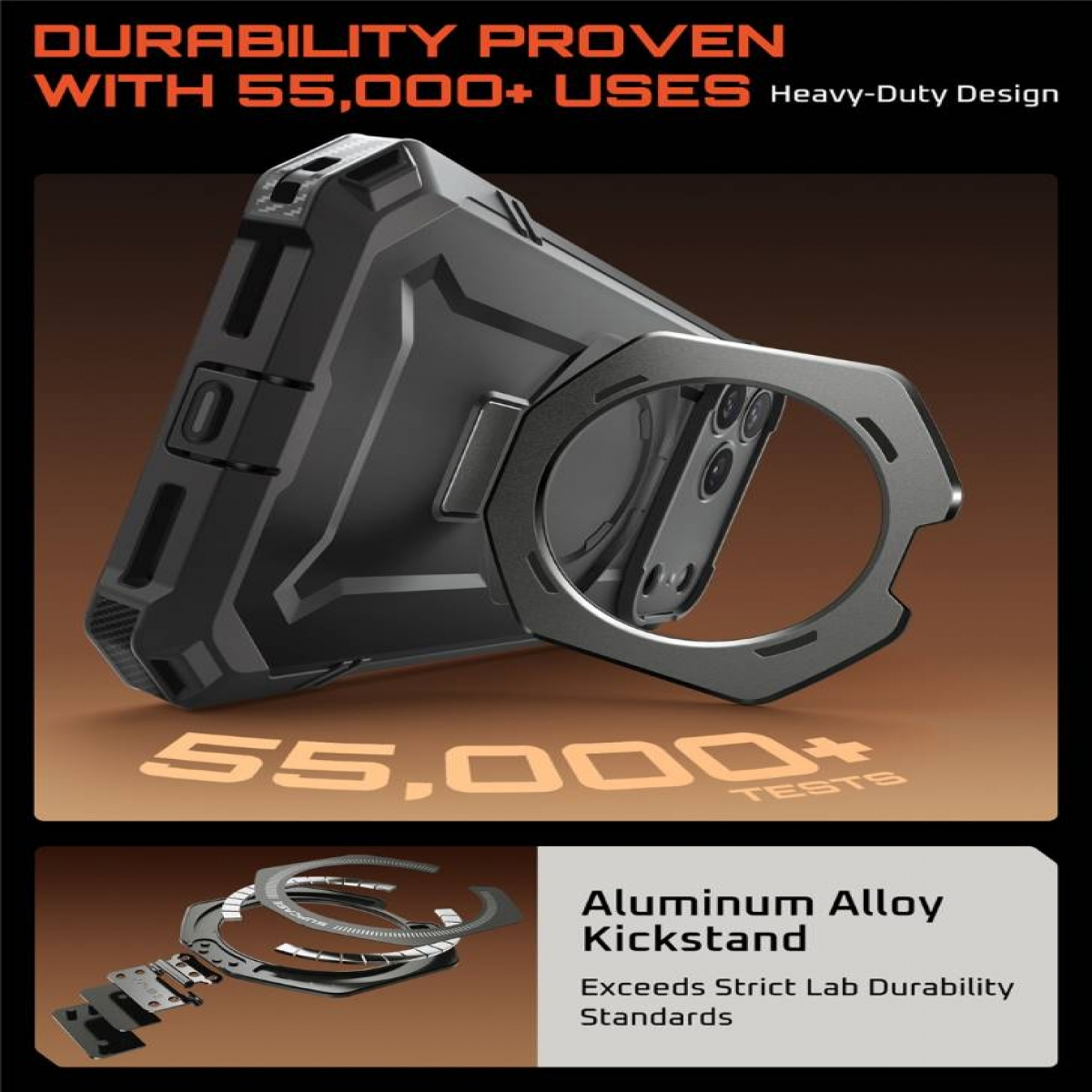 Schwarze Handyhülle mit silbernem Ständer, die Haltbarkeit zeigt. Text hebt 55.000+ Anwendungen und Aluminiumlegierung hervor.