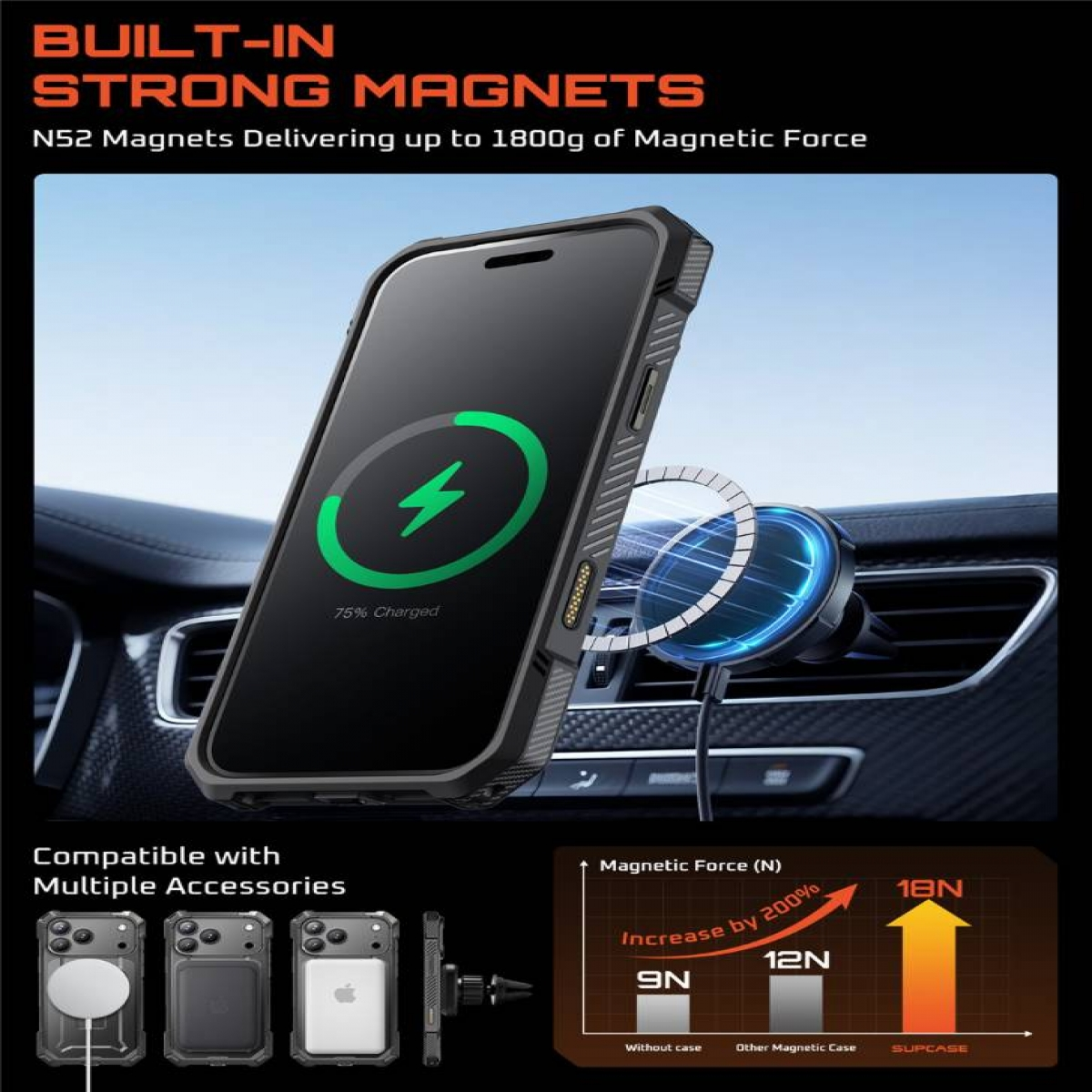 Ein iPhone, das mit einem grünen Blitzsymbol geladen wird, an einer Lüftungsöffnung im Auto befestigt. Text zeigt Magnetstärke und Zubehör.